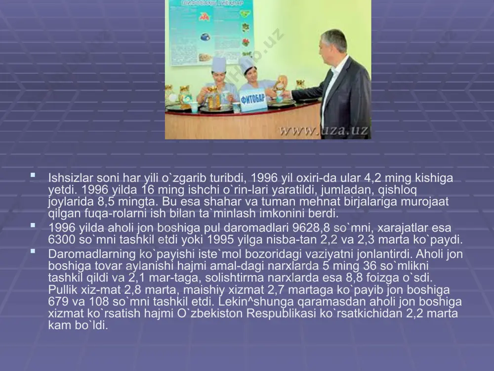 araf etish, ijtimoiy va ekologik muammolarni yechishni jadallashtirish chora-tadbirlari to`g`risida» 405-sonli qaror qabul qildi. bu qarorning bajarilishini ta`minlash maqsadida o`zbekiston respublikasi hukumati katta kuch sarfladi. qoraqalpog`iston respublikasi aholi punktlarini elektrlashtirish to`la hal qilindi. 1992-1996 yillarda tuyamo`yin suv omboridan res-publika aholi punktlariga 2 ming 885 kilometr vodoprovod tarmogi olib kelindi, aholini toza ichimlik suvi bilan ta`-minlanish darajasi 59,5 foizga yetdi. shu yillarda 16,3 kilo-metr kanalizatsiya va 4057,5 kilometr gaz tarmoklari yotqizil-di. respublika aholisining tabiiy gaz bilan ta`minlanishi 85,4 foizni, shu jumladan, shaharda 99,4 foizni, qishloqda 72,4 foizni tashkil etdi. 1991 - 1996 yillarda qoraqalpogistonda ko`plab sog`liqni saklash obyektlari, kasalxonalar, poliklinikalar, tugruqxona va turar-joylar binolari qurildi. orolbo`yi aholisiga in-sonparvarlik yordami berila boshlandi, kasalxona va polikli-nikalar shunday ta`minotdan foydalana boshladilar. koraqalpogiston xalqi i.a.karimovning bmt minbaridan turib dunyo mamlakatlarini orol dengizini saqlab qolishga qarata chaqirigini katta qoniqish bilan kutib oldi. uning tashabbusi bilan 1994 yil (14 yanvar) nukusda markaziy osiyo-ning beshta davlat prezidentlari hamda …