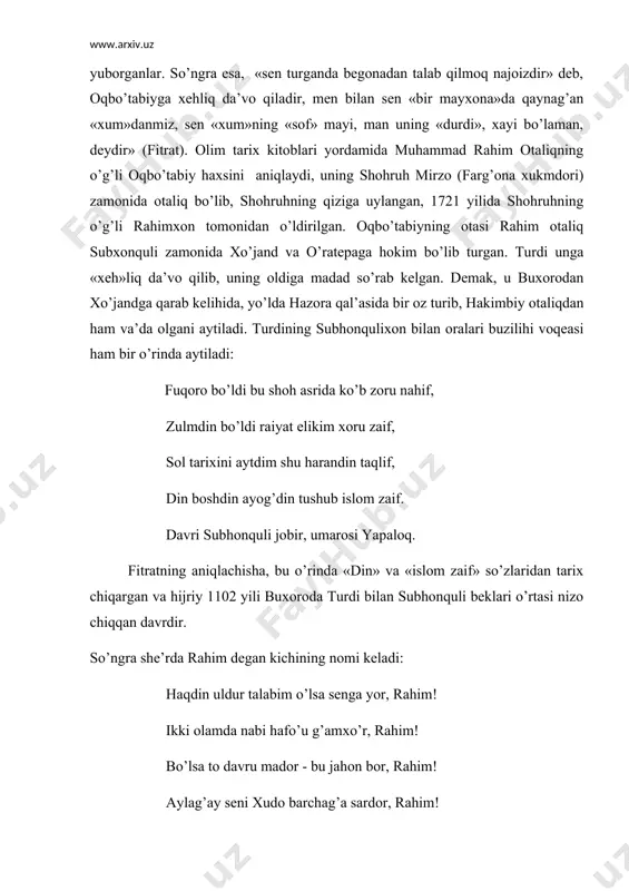 sturu-l-muluk» kabi tarix kitoblaridan ma’lum, «yuz» urug’idan bo’lgan turdi mana shu isyon tufayli saroydan quvilgan va fozilbiyni quvvatlagan, rahimbiyni maqtab, unga she’r yozib, subxonqulihondan nolib yordam so’ragani tarixiy faktlar yordamida ma’lum bo’ladi. bundan tahqari rahimbiyni maqtah bilan uni subhonqulixonga qarchi otlantirgani uchun ham u yerdan ketishga majbur bo’lgani ma’lum bo’ladi. rahimbiy o’lib o’rniga o’g’li oqbo’tabiy qolganidan keyin turdining ahvoli xo’jandda ham yomonlashgan: kuyar til hom may gar holatidin aylasam tahrir, kiribon shok o’lur etsa qalam dardi dilam tahrir, shabi hijron ming poyoni o’lmaz tobiri gardun, mahv, xurhid o’lub ikki qanoti, aylasa shabgir. o’zini «tobir» (qush)ga o’xhatib, ikki qanoti qayrilib, habgir bo’lganini yozadi. uning keyingi hayoti bizga ma’lum emas, bu davrda yaratilgan ko’plab tazkira va tarix kitoblarida ham bu haqda ma’lumot yo’q. shoir turdining badiiy merosi haqida so’z ketganda, bizgasha saqlangan 17 ta she’rdan 15 tasi turk va 2 tasi fors tilida yozilganini qayd etish lozim. ular orasida yuksak san’atkorlik bilan …