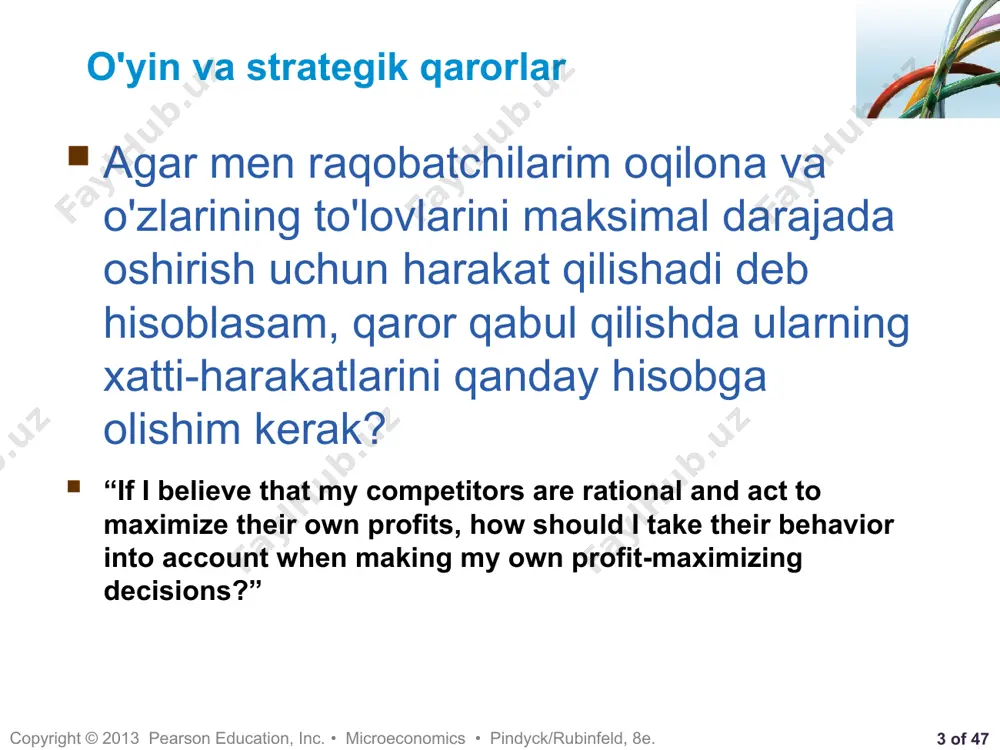 lif qilishadi. odatiy stsenariyda bitta o'yinchi 20 sent, boshqasi 30 sent taklif qiladi. endi quyi savdogar 20 tsentni yo'qotishi kerak, ammo u o'z taklifini oshirib, bir dollar ishlab topishi mumkin va shuning uchun 40 sent taklif qiladi. ikkala o'yinchi bir dollar taklifini 90 sentga qarshi ko'targuncha, eskalatsiya davom etmoqda. endi 90 sentlik ishtirokchi dollar uchun 1,10 dollar taklif qilish yoki hech narsa olmaslik uchun 90 sent to'lashni tanlashi kerak. ko'pincha, u o'z taklifini ko'taradi va savdo yanada kuchayadi. ba'zi tajribalarda, "g'olib" ishtirokchi dollar uchun 3 dollardan ko'proq pul to'lashni yakunladi! qanday qilib aqlli talabalar o'zlarini bu holatga keltirishi mumkin edi? boshqa o'yinchilarning ehtimoliy munosabati va u nazarda tutadigan voqealar ketma-ketligi haqida o'ylamaslik orqali. ushbu bobning qolgan qismida biz o'z ichiga olgan oddiy o'yinlarni ko'rib chiqamiz narxlar, reklama va sarmoyaviy qarorlar. o'yinlar sodda, ba'zi bir xulq-atvor taxminlarini hisobga olgan holda, biz har bir firma uchun eng yaxshi strategiyani aniqlashimiz mumkin. ammo …