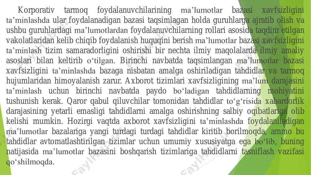va server mavjud. foydalanuvchi dasturi dbms bilan bevosita bog‘lanadi. tezkor, lekin ko‘p foydalanuvchili tizimlar uchun mos emas. 3) uch qatlamli arxitektura (three-tier) 1-qavat: foydalanuvchi interfeysi (client) 2-qavat: ilova (application server) 3-qavat: ma’lumotlar bazasi (dbms server) moslashuvchan, xavfsiz va kengaytirish oson mba asosiy maqsadlari foydalanuvchi so‘rovlarini boshqarish ma’lumotlarga tez va ishonchli kirish ma’lumotlarni izchil va xavfsiz saqlash turli darajadagi foydalanuvchilar uchun interfeys taqdim etish mustaqil modullilik va oson modernizatsiya uch qatlamli arxitektura afzalliklari modullilik: interfeys, logika va ma’lumotlar alohida xavfsizlik: db server foydalanuvchidan bevosita yashirilgan kengayuvchanlik: foydalanuvchi soni o‘sishi bilan tizimni kengaytirish oson platformalarga moslashuvchanlik (mobil, web, desktop) ma’lumotlar bazasi qatlamlari mba odatda uchta qatlamga bo‘linadi: 1. tashqi daraja (external level): foydalanuvchi darajasi gui yoki api orqali kirish 2. mantiqiy daraja (conceptual level): ma’lumotlar strukturasi va munosabatlar yagona global model 3. ichki daraja (internal level): fizik saqlash, fayllar, indekslar, buferlar resurslar bilan ishlov fizik va mantiqiy mustaqillik fizik mustaqillik: ma’lumotlar qanday …