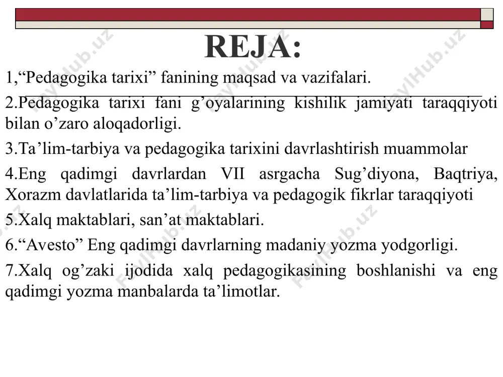 dan to hozirgi kungacha tarbiya, maktab va pedagogik fikrlarning rivojlanish jarayoni. “pedagogika tarixi” ning vazifalari: 1) milliy o’z-o’zini anglash, kasbiy rivojlanish bilan bog’liqlikda umumiy va pedagogik madaniyatni shakllantirish; 2) pedagogik fikrlar rivojini tahlil etish va tizimlashtirish; pedagogik g’oyalarni tahlil etish asosida ularni o’quv-tarbiya jarayoniga tatbiq etish. pedagogika tarixini o’rganish manbalari: 1) arxeologik yodgorliklar; 2) qo’lyozmalar; 3) xalq og’zaki ijodi; 4) adabiy yodgorliklar; 5) hujjatlar; 6) badiiy adabiyot; 7) memuarlar; 8) sharq va g’arb mutafakkirlarining asarlari. pedagogika tarixini davrlashtirish: piktografik yozuvlar – suratli yozuv ideografik yozuvlar – belgili, grafikli yozuvlar ieroglif yozuv – bir so’zni belgilaydigan surat belgisi finikiy yozuvlar «avesto» 21 bo’limdan iborat ulkan kitob zardushtiylik ta’limotida ilgari surilgan asosiy g’oyalar: etnografik materiallar «o’rxun-enasoy yozma yodgorliklari» (vi-vii asrlardagi turkiy-runiy yozuvida yozilgan) qadimgi manbalardagi fikrlarni sharhlashga doir topshiriq quyida keltirilgan parchalarni o’qing va xalq pedagogikasidagi qaysi tarbiya metodi ifodalanganini aniqlang. 1. “juvon o’lgur yetimcha, charximni qilding parcha! charxim sinsa go’rga-ya, bir …