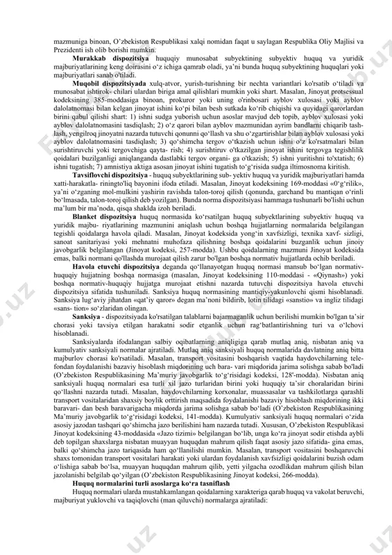5. rasmiy va shaklan aniqlikka egaligi. huquq normasi umumijtimoiy iroda sifatida davlat tomonidan o‘rnatilgan rasmiy yuridik hujjatlar shaklida (normativ-huquqiy hujjatlar, normativ shartnoma va boshqalar) ifodalanadi. shuningdek, boshqa ijtimoiy normalardan farqli ravishda huquq normalari aks etgan normativ-huquqiy hujjatlar muayyan rekvizitlarga ega bo‘ladi (qabul qilingan vaqti, joyi, ro‘yxat raqami, nomi va boshqalar). 6. tizimliligi. tizim so‘zi yunoncha «systeme» termi- nidan olingan bo'lib, o‘zbek tilida «yaxlit», «qismlardan iborat» degan ma’nolarni bildiradi. mazkur belgi huquq normasining muayyan tarkibiy qismlarning mantiqiy, izchil va mutanosib- likda ekanligini anglatadi. huquq normasining tuzilishi: gipoteza, dispozitsiya va sanksiya huquq normasi kichik tizimlardan, ya’ni o'zaro bog‘liq ele- mentlardan iborat bo'ladi. ularning bo'linishi yuzasidan turli xil qarashlar mavjud bo‘lishiga qaramasdan, barcha huquqshu- nos olimlar tomonidan huquq norma elementlari 3 ta (gipoteza, dispozitsiya va sanksiya) ekanligi yakdil qabul qilinadi. huquq normasining tarkibiy elementlari o'rtasida o‘zaro yuridik-mantiqiy bog'lanish, yuridik-texnika qoidalariga asoslangan holda ifodalanish, mantiqiy izchillik hamda tizimlilik mavjud. qolaversa, u huquqiy jihatdan umumiy …