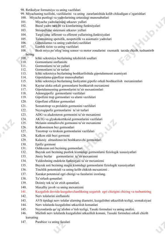 aoliyati 72. nerv markazlarini xossalari (summatsiya,posttetanik potentsatsiya, transformatsiya va faoliyat izi, nerv markazlarning tonusi,nerv markazlarning plastikligi, okklyuziya , kuzgalishlarni yengillab utishi) 73. mnt da birlamchi tormozlanish va uning turlari 74. mnt da ikkilamchi tormozlanishni chizib kursating va mexanizmini tushuntiring 75. possinaptik tormozlanish , uning turlarini chizib kursating va kelib chikish mexanizmini tushuntiring 76. sherington buyicha retsiprok tormozlanishning chizib kursating va mexanizmini tushuntiring 77. presinaptik tormozlanish va uning kelib chikish mexanizmi 78. pessimal tormozlanish va uning kelib chikish mexanizmlari 79. sechenov va golьts buyicha tormozlanishi 80. mnt urganish usullari 81. orka miya neyronlari va ularning vazifalari , metameriyasi 82. orka miya neyronlarni fiziologik xususiyatlari 83. orka miyaning reflektor faoliyati 84. orqa miyaning afferent o’tkazuv yo’llari 85. orka miya efferent yullarini chizib kursating va tushuntiring 86. golь-burdax, spinotalamik utkazuv yulini chizib kursating va tushuntiring 87. spinal shok va uning mexanizmi 88. keyingi miyaning reflektor faoliyati 89. uzunchok miya bosh miya juft nervlarining …