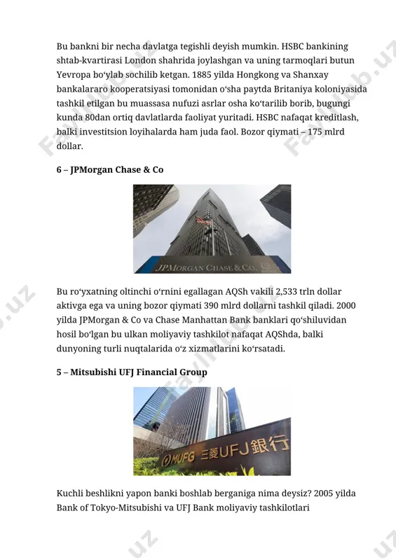 lar ham ko‘rsatadi. shuningdek, g‘aznachilik sohasida ham faoliyat yuritadi va qimmatli qog‘ozlar bozoriga aralashadi. 2013 yilga qadar ccbning 10 foiz aksiyalari bank of america ixtiyorida bo‘lgan. bozor qiymati – 253 mlrd dollar. 1 – industrial & commercial bank of china o‘zbekchasiga «xitoy sanoat-tijorat banki» nomli bu ulkan moliya muassasasi o‘zining 4,009 trln dollarlik aktivlari bilan dunyo yetakchisi hisoblanadi. 1984 yilda davlat tomonidan asos solingan bu bank 2006 yilda ilk bor o‘z aksiyalarini sotuvga chiqargan va 48,4 mlrd aksiyalarini (umumiy 18 foiz) sotish ortidan 20 mlrd dollar ishlashga muvaffaq bo‘lgan. bugungi kunda icbc banki xitoyning o‘zida yarim million nafardan ortiq xodimlarga ega. shuningdek, kanada, makao, turkiya kabi davlatlarda ham doimiy vakolatxonalariga ega. birinchilikda bo‘lsada, bozor bahosi kamtargina – 180,6 mlrd dollar. hammasi qiyoslashda ma'lum bo‘ladi. o‘zimizning banklarni yuqoridagi ro‘yxat bilan solishtirishga hali ertaligini hisobga olib, rossiyaning eng yirik banki – «sberbank» misolida qiyoslasak, 480 mlrd dollarlik aktivlarga ega bu bank yuqoridagi …