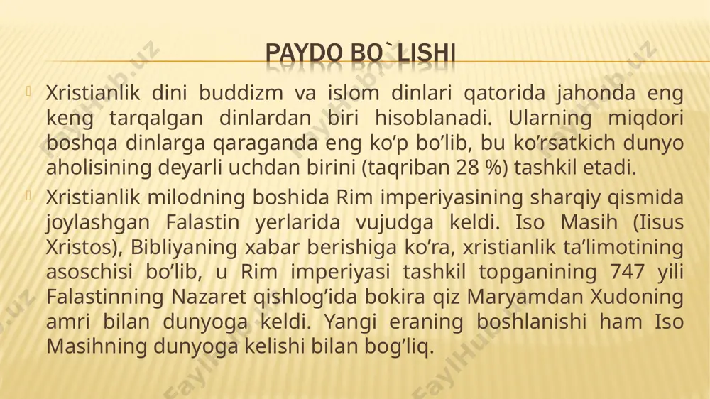 cho’qintirishning gunohlardan forig’ qilishi haqida; o’n birinchi qism o’lganlarning ommaviy tirilishi haqida; o’n ikkinchi qismda abadiy hayot haqida so’z yuritiladi. pravoslav oqimi xristianlikning uch asosiy yo’nalishidan biri o’laroq, tarixan uning sharqiy shohobchasi sifatida shakllandi. bu oqim, asosan, sharqiy yevropa, yaqin sharq va bolqon mamlakatlarida tarqalgan. pravoslav atamasi yunoncha ortodoksiya so’zidan olingan bo’lib, ilk davr xristian yozuvchilari asarlarida uchraydi. pravoslaviyaning kitobiy asoslari vizantiyada shakllandi, chunki bu yo’nalish u yerdagi hukmron din edi. xristianlikning sharqiy tarmog’i bo’lmish pravoslaviyaning rivojlanishi jarayonida 15 mustaqil (avtokefal) cherkov: konstantinopol, aleksandriya, antioxiya, quddus, gruzin, serb, rumin, bolgar, kipr, ellada, alban, polyak, chexiya, slovakiya, rus va amerika cherkovlari vujudga keldi. bu cherkovlardan eng kattasi rus pravoslav cherkovi (rpch, boshqa rasmiy nomi moskva patriarxati) bo’lib, unga 19 ming cherkov va 127 yeparxiya birlashgan. bulardan 150 dan ortiq cherkov va 5 yeparxiya chet elda faoliyat olib boradi. pravoslav oqimida sirli rasm-rusumlar muhim o’rin egallaydi. cherkov ta’limotiga ko’ra, bunday paytlarda xudo …