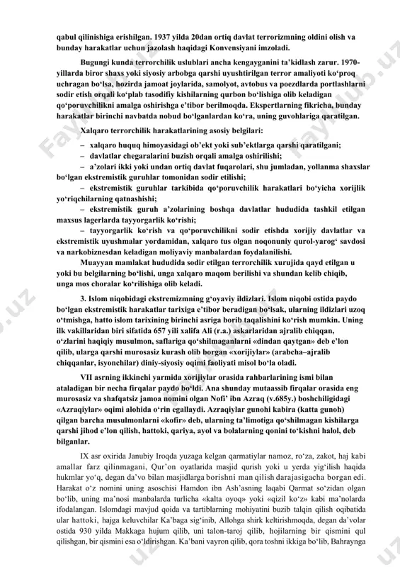 q solish, qo‘poruvchilik ishlarini amalga oshirish va g‘arazli manfaatlarni ro‘yobga chiqarishda foydalanishga urinishlarda namoyon bo‘lmoqda. 2. terrorizm tushunchasi va uning asosiy belgilari. terrorizm (lotincha – «qo‘rqitish», «vahimaga solish») – aholining keng qatlamlarida vahima va qo‘rquv uyg‘otish, jamiyatda beqarorlik keltirib chiqarish orqali davlat hokimiyatini egallash maqsadiga qaratilgan jinoiy faoliyatdir. terror – ommaviy va siyosiy maqsadlarga erishish uchun zo‘ravonlikdan hamda zo‘ravonlik qilish bilan tahdid solishdan muntazam foydalanishdir. shunday qilib, «terror» dushmanni jismoniy zo‘ravonlik yo‘li bilan qo‘rqitish, hatto uni jismonan yo‘q qilishni anglatadi. «terrorizm» esa terror amaliyotidir. bu ikki tushunchani shu tarzda chegaralash maqbul bo‘lsa, u holda terrordan kelib chiqqan terrorizm aslo yangi hodisa bo‘lmay, bugungi kungacha asrlar qo‘ynidan yetib kelgan, deb hisoblash mumkin. o‘zbekiston respublikasining jinoyat kodeksida «terrorizm»ga quyidagicha ta’rif berilgan: «terrorizm – xalqaro munosabatlarni murakkablashtirish, davlatning suverenitetini, hududiy yaxlitligini buzish, xavfsizligiga putur yetkazish, urush va qurolli mojarolar chiqarish, ijtimoiy-siyosiy vaziyatni beqarorlashtirish, aholini qo‘rqitish maqsadida davlat organini, xalqaro tashkilotni, ularning mansabdor shaxslarini, …