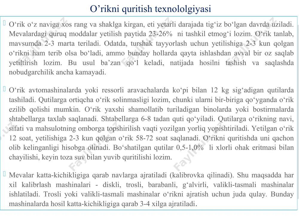 vda 20-30 soniya davomida yoki 0,1% li qaynoq ishqorli (naoh) eritmada 15-20 soniya amalga oshiriladi va so‘ngra yana bir marotaba yuviladi. olxo‘rining «vengerka italyankaya» navi «fishbone» tabiiy usulda quritish izohi xom-ashyoning ifloslanishi хулоса mahsulotning tashqi korinishi mahsulotning tashqi korinishi sun’iy quritish usulida quritilganga nisbatan tovarboplik ko’rsatkichi past bo’ladi муаммо ko’p vaqt talab qilishi sun’iy quritish usuliga nisbatan uzoq vaqt talab qilinadi mahsulot ochiq havoda quritilganligi sababli turli darajada ifloslsnishi olxo‘rini quritishdan oldin blanshirlash uni konveyerli quritgichlarda quritish muddatini 6 soatga qisqartiradi, chunki qaynoq suv yoki ishqorli eritma olxo‘ri mevasi po‘stlog‘ini yupqalashtirib, sirtida mikroyoriqlashni hosil qiladi. natijada meva tarkibidagi ortiqcha suvni intensiv bug‘lanishini ta’minlaydi. bunday usul bilan ishlov berilgan olxo‘ri mevalarini quritishning boshlang‘ich bosqichida yuqori haroratli (75-80 0s) quritish agentlari bilan ishlov berish imkoniyatini yaratib, o‘z navbatida quritishda meva po‘stloqlarining yorilib ketishi va sharbatning oqib chiqishini oldini oladi. olxo‘rini bug‘li konveyerli quritgichlarda quritish rejimlari quritish rejimlari blanshirlangan olxo‘ri 1-lentaga mahsulotni yuklash …