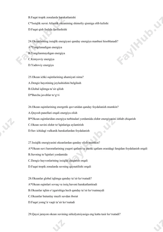 eftdan qanday turdagi mahsulotlar ishlab chiqariladi? a.elektr energiyasi b*plastinka va yoqilg‘i mahsulotlari c.quyosh panellari d.suv resurslari 50.shamolni tezligi qanday asbob yordamida o‘lchanadi ? a.termometr b.barometr c.sekundometr d*animometr