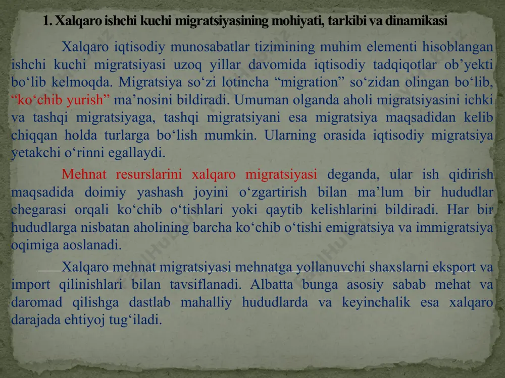 an tashkilot mutaxassislari. shuningdek, bmt koronavirus pandemiyasi sabab 30 ga yaqin davlatda ocharchilik bo‘lishi mumkinligini ma’lum qilgandi. hozirdanoq arab davlatlarida 101 milliondan ortiq kishi qashshoqlik yoqasida, 52 million kishi esa to‘yib ovqatlanmaydi. butun dunyoda koronavirus infeksiyasi bilan kasallanganlar soni 3 million nafardan oshib ketdi, 878 mingdan ziyod kishi kasallikdan tuzalgan. 208 mingdan ortiq kishi kasallik qurboniga aylangan. jahon aholisi yoshiga bog‘liq ravishda ikki tipdagi odamlarni o‘z ichiga oladi: mehnatga layoqatli ‒ 15-60 yoshlilar, mehnatga layoqatsiz – bolalar va qariyalar. aholi umumiy hajmining taxminan 70 foizi birinchi tipga tegishli, biroq bu ulush turli hududlarda o‘zgarib turadi. masalan, osiyo va afrikada voyaga yetmaganlar, yevropa va shimoliy amerikada qariyalar ulushi yuqoriroq. ishchi kuchining xalqaro migratsiyasi natijasida xorijga alohida xususiyatga ega bo‘lgan tovar ‒ ishchi kuchi ko‘chib o‘tadi. uning boshqa tovarlardan farqli jihati shundaki, u boshqa tovarlarni ishlab chiqarishda asosiy omil sifatida qatnashadi. ishchi kuchini eksport qiluvchi mamlakat ijobiy salbiy 1. ishchilar tomonidan yangi …