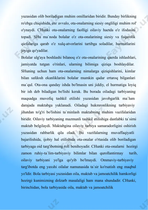 alar bilan aloqani mustahkamlab, o'quvchilarning maktabdan bo'sh vaqtlarini mazmunli tashkil etmoqdalar, qarovsiz, tarbiyasi og'ir bolalarni o'z nazoratlariga olmoqdalar. bunday xayrli ishlarda ko'plab ota-onalar maktab bilan yaqindan aloqada bo'lib o'quvchilar tarbiyasi yuzasidan o'qituvchilar jamoasi bilan bamaslahat ish olib borishmoqda. lekin, ko'plab ota-onalar bolalar tarbiyasiga tayer emasliklari, ularga ta`sir etuvchi turli omillardan bexabarliklari, bola kamolotining murakkab tomonlarini bilmasliklari natijasida oilaviy tarbiyada ko'plab ko'ngilsiz voqealar ham sodir bo'lmoqda. bunday salbiy omillar o'g'il eki qizlarning maktabdagi ta`lim-tarbiyasiga emon ta`sir ko'rsatmoqda. voyaga etmagan eshlar orasida qonunbuzarliklarning kelib chiqishiga sabab bo'lmoqda. kuzatishlar shuni ko'rsatmoqdaki, hali ham ayrim ota-onalar bolalar tarbiyasi va ularning kelajaklari haqida zamon talabi darajasida tarbiyaviy mas`uliyatni his qilmayaptilar. ota-onalar bilan suhbatlashish natijasida shu narsa aniqlandiki, ular farzandlari 15-16 eshga etganidagina g'o'g'lim eki qizim yuqori sinfda o'qimoqda. kelajakda qaerga yuborsam ekan, qaerga o'qitsam ekang' degan fikrga boradilar. imkoni boricha, tanish-bilish orqali o'zlari uchun ma`qul dargohga o'qishga eki ishgа joylashtirmoqchi bo'ladilar. ular bolalarining qobiliyatiga ham, …