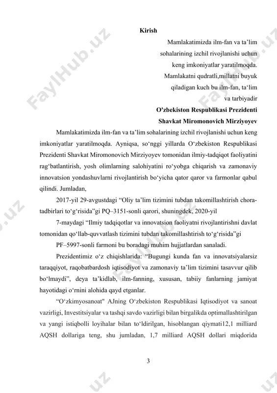 g o‘zbekiston respublikasi iqtisodiyot va sanoat vazirligi, investitsiyalar va tashqi savdo vazirligi bilan birgalikda optimallashtirilgan va yangi istiqbolli loyihalar bilan to‘ldirilgan, hisoblangan qiymati12,1 milliard aqsh dollariga teng, shu jumladan, 1,7 milliard aqsh dollari miqdorida to‘g‘ridan-to‘g‘ri xorijiy investitsiyalar va kreditlar hisobiga 31 ta investitsiya loyihasini amalga oshirishni nazarda tutilmoqda. azotli, fosforli, kaliyli va murakkab mineral o‘g‘itlarni, shu jumladan, ushbu mahsulotlarni “navoiyazot” aj, “samarqandkimyo” aj, “farg‘onaazot” aj, “qo‘qon superfosfat zavodi” aj, “ammofos-maksam” aj, “dehqonobod kaliy zavodi” mchj negizida, shuningdek, sirdaryo viloyatining yangiyer shahri va navoiy viloyatining tomdi tumanida ishlab chiqarish bo‘yicha amaldagi quvvatlarni modernizatsiya qilish, kengaytirish hamda energiya jihatidan samarador yangi quvvatlarni barpo etish yo‘lga qo‘yilmoqda. kurs ishining dolzarbligi:suyuqliklarning to‘yingan bug‘ bosimi bu fizikaviy kimyoning muhim bo‘limlaridan biri bo‘lib, u moddalar holatining o‘zgarishi, bug‘lanish va kondensatsiya jarayonlarini chuqur tushunishga xizmat qiladi. ushbu hodisa ko‘plab sanoat jarayonlarida, jumladan, kimyo, neft-gaz, oziq-ovqat, farmatsevtika va sovutish texnologiyalarida keng qo‘llaniladi. harorat va bosim orasidagi o‘zaro bog‘liqlikni …
