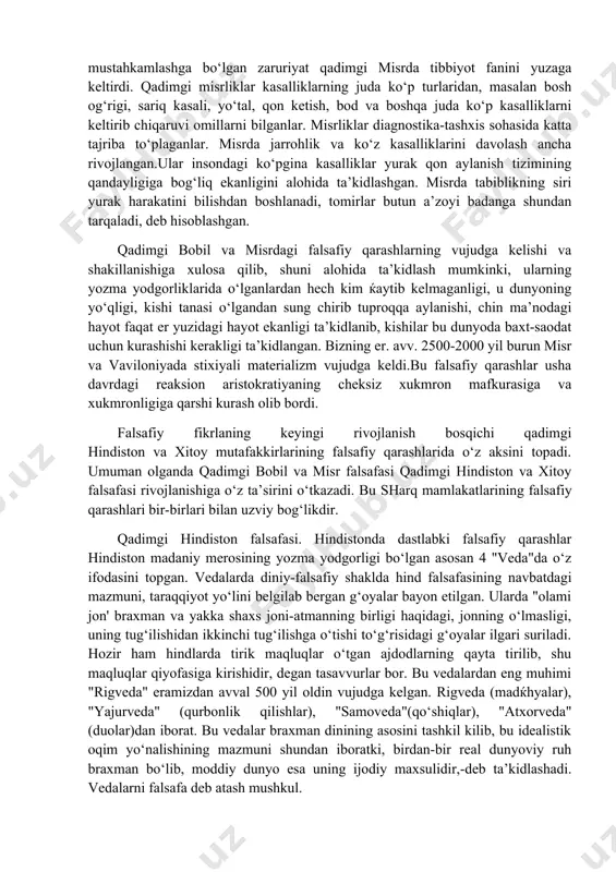 lgan. "agar sen bilimdon odam bo‘lsang, aytganing-aytgan, deganing-degan bo‘ladi. yozish-o‘qishni chuqur egallab, ko‘nglingga maxkam jo qilib ol, ana shunda har bir aytgan gaping hammaga manzur bo‘ladi. qadimgi misrliklarning xalq og‘zaki ijodiyotida, ayniqsa, diniy- mifologik asarlarida tabiat xodisalari va tabiat kuchlari ilohiylashtiriladi. o‘simlik va daraxtlarga topinish misrda eng qadimgi davrlardayoq mavjud bo‘lgan. "hayot osmon daraxti" tug‘risidagi qadimgi afsonada o‘simliklar ramzi bo‘lgan daraxt insonning er yuzidagi hayoti uchun zarurdir, degan fikr ilgari surilgan. misrliklarning tabiatni, dunyoni uning o‘ziga asoslanib turib tushuntirish uchun qilgan urinishlari har holda sodda bo‘lsa-da, o‘z davri uchun katta ahamiyatga ega bo‘lgan. qadimgi misrda falsafiy fikrlar shakllanishi va rivojida tabiatshunoslik fanlarining paydo bo‘lishi ham sabab bo‘lgan. bundan bir necha ming yillar ilgari qadimgi misrliklar falakiyot sohasida ba’zi birbilimlarga ega bo‘lganlar. osmondagi yulduzlarni doim kuzatish natijasidasayyoralarni yulduzlardan ajrata olganlar va yuldzlar xaritasini ham tuzganlar. ular o‘zlarining falakiyotga oid bilimlari asosida alohida taqvim tuzgalar. taqvim-yili 12 oyga bo‘lingan, har bir oy …