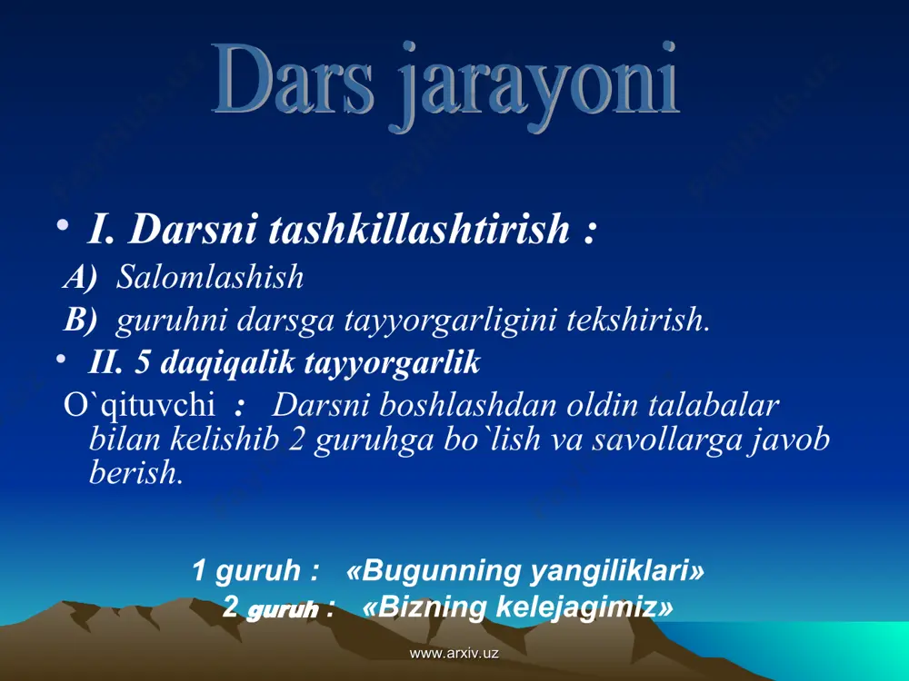 ng asosini tashkil etadi. 3.α-aminokislotalar tirik organizmda muxim rol o’ynasada sanoatda ayrim aminokislotalar sintetik tola - kapron va enant olishda muxim axamiyatga ega. www.arxiv.uz www.arxiv.uz x u l o s a 1.demak aminlar asosli xossaga ega. nazorat savollari 1.birlamchi, ikkilamchi va uchlamchi aminlarning tuzilishi qanday aniqlanadi 2. 2. goffman reaksiyasi deganda nimani tushunasiz? 3.bo’yoqlar olishda qaysi aminlar ishlatiladi? 4.nh2- nechinchi tartibdagi yordamchi? 5.qanday organik birikmalarga aminokislotalar deb ataladi? 6.amfoter deganda nimani tushunasiz? 7.qanday geterotsiklik aminokislotalarni bilasiz? 8.qanday boo’ga peptid bog deyiladi? www.arxiv.uz www.arxiv.uz www.arxiv.uz www.arxiv.uz g s a j sin 0 0 =