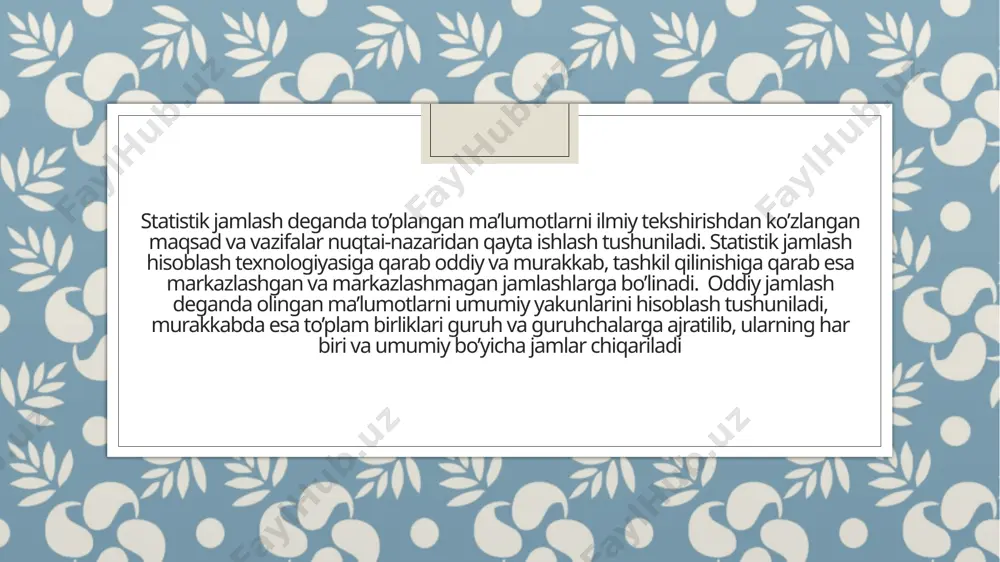 ’ladi. amaliyotda shunday qiyin va murakkab hodisalar uchraydiki, ularni chuqur o’rganish uchun ikki va undan ortiq belgilar bo’yicha guruhlarga ajratish maqsadga muvofiq bo’ladi. statistikada bunday guruhlash kombinatsion guruhlash metodi deb yuritiladi. tuzilmaviy guruhlashga taqsimot qatorlari, variatsion qatorlar yorqin misol bo’ladi(ushbu savollar kelgusi mavzularda ko’riladi). tuzish usuliga qarab guruhlash quyidagi turlarga bo’linadi: 1.umumdavlat klassifikatorlari; 2.matematik va ekspert-analitik metodlar asosida guruhlash; 3. bir o’lchovli yoki ko’p o’lchovli guruhlash guruhlashni amalga oshirish uchun dastlab guruhlash belgisini aniqlab olish muhimdir. iqtisodiy fanlardagi nazariy holatlar va aniq tekshirishning vazifalariga tayangan holda, guruhlashni amalga oshirishda mavjud belgilardan eng hal qiluvchisi tanlanadi. hal qiluvchi belgi bo’lib, o’rganilayotgan ob’ektni har tomonlama va aniq xarakterlovchi, uning o’ziga xos holat va xususiyatlarini tanlashda yordam beruvchi belgilarga aytiladi. masalan, savdo korxonalari, savdo zalining maydoni, xodimlar soni va hokazolar bilan tasniflanishi mumkin. lekin savdo korxonalari faoliyati (ish hajmi)ni baholashda tovar oboroti hajmi hal qiluvchi belgi hisoblanadi, chunki savdoning asosiy maqsadi tovar sotishdan …