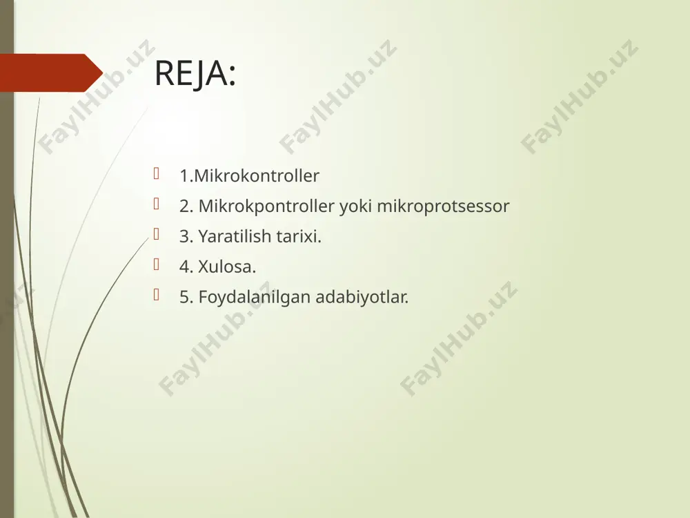 mayadi (batareya bilan ishlaydigan qurilmalar uchun muhim) va turli xil sxemalar diapazoni bilan dasturlash osonlashadi. kontrollerlar nihoyatda keng. bugungi kunda 8, 16, 32 va 64 bitli modellar, shuningdek kengaytirilgan ko'rsatmalar to'plamiga ega tezkor matematik operatsiyalar uchun sozlangan dsp (dsp) modellari mavjud. xulosa mikrokontrollerlar kirish signallarini to'playdi, ma'lumotlarni qayta ishlaydi va chiqish signalini ishlab chiqaradi. mikrokontrollerlar – bu kichik o'lchamdagi, lekin kuchli ishlashga qodir mikroprotsessor tizimlari bo‘lib, ular turli xil kiritish-chiqarish (i/o) qurilmalari va xotira bilan integratsiyalangan. ular avtomatlashtirilgan tizimlarni boshqarishda muhim rol o‘ynab kelyapti va kundalik hayotimizmiz uchun ham ko‘plab qurilmalarning asosini tashkil etadi. bugungi kunda aqlli va avtomatlashtirilgan qurilmalar mikrokontrollerlar yordamida amalga oshirilgan. ular kirishlarni samarali to'playdi, ma'lumotlarni qayta ishlaydi va chiqishlarni tartibga soladi. ular kam quvvat iste'moli va moslashuvchanligi tufayli turli xil ilovalar uchun idealdir. foydalanilgan adabiyotlar. 1. the 8051 microcontroller and embedded systems“ 2. "pic microcontroller and embedded systems“ 3. arm system developer's guide 4. designing embedded …
