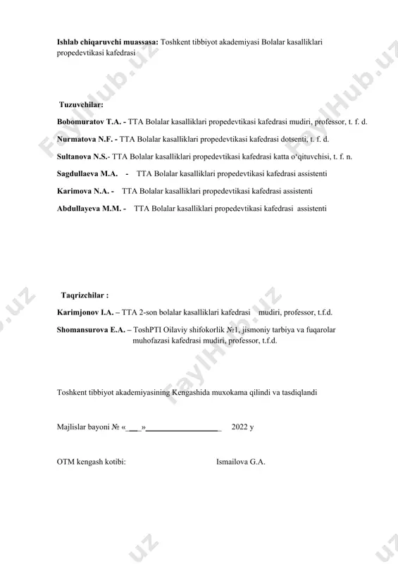 a bolalik d) embrion rivojlanish fazasi 6. embriopatiyalar namoyon bo‘ladi: a) a’zo va tizimlarning tug‘ma nuqsonlarida b) xiroq ( xomila ichi rivojlanishidan orqada qolishi) v) chala tug‘ilish d) tug‘ilishda asfiksiya 7. antenatal patologiya quyidagidarni o‘z ichiga oladi: a) blastopatiya b) embriopatiya v) fetopatiya d) tug‘ruqda asfiksiya 8. intranatal xavf omillariga kiradigan anamnestik ma’lumotlar: a) erta tug‘ilish b) xomila atrofi suvining zararlanishi c) apgar bo‘yicha 8/9 ball g) homiladorlikning erta bosqichlarida qon ketish 9. xronologik tartibda xomila ichi davrlarini sanab bering: a) xomilalik davr b) haqiqiy germinal davr v) intranatal davr d) embrion rivojlanish davri 10. neonatal davr davom etadi: a) tug‘ilganidan 1 yoshgacha b) tug‘ilishdan 1 haftagacha v) tug‘ilgan kundan 28 kungacha d) homiladorlikning 28-haftasidan - hayotning 28-kunigacha 11. bolalikning xomila ichi davri quyidagilarga bo‘linadi? a. embrional, fetal b. embrional, neonatal c. fetal, neonatal d. neonatal, ko‘krak yoshidagi 12. a’zo va tizimlar shakllanishi, to‘qimalar differensirovkasi aktiv sodir buladi? a. xomiladorlikning …