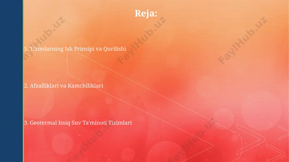 r va loyihalar reykjavik, islandiya, shahri 70% dan ortiq uy-joylarini geotermal issiq suv bilan ta'minlaydigan keng ko'lamli tizimga ega bo'lib, yiliga 100.000 tonnadan ortiq karbon emissiyasini kamaytiradi. xitoyning yunnan provinsiyasida qurilgan 100 mw quvvatga ega geotermal elektr stansiyasi atrofdagi 20.000 ga yaqin uyni issiq suv bilan ta'minlash uchun qo'shimcha issiqlik resurslaridan foydalanadi. kelajakdagi istiqbollar va rivojlanish yo'nalishlari geotermal issiq suv ta'minoti tizimlarining samaradorligini 30% ga oshirishga qaratilgan yangi issiqlik nasoslari texnologiyalari yaqin 5 yilda keng qo'llaniladi. 2030-yilga borib, aholi punktlarini geotermal energiya manbalaridan foydalangan holda markazlashtirilgan issiq suv bilan ta'minlash loyihalarining soni 2 barobar oshishi kutilmoqda. yer issiqligi bilan suv ta'minoti tizimlari bunday tizimlarning samaradorligi 70-80% ga yetishi mumkin, bu an'anaviy gaz yoki elektr isitish usullariga qaraganda energiya tejashga olib keladi va co2 emissiyasini sezilarli darajada kamaytiradi. yer issiqligi bilan suv ta'minoti tizimlari 50-150 metr chuqurlikdagi yer qatlamlaridan 20-30°c haroratdagi suvni olish va uni binolarni isitish va issiq suv bilan …