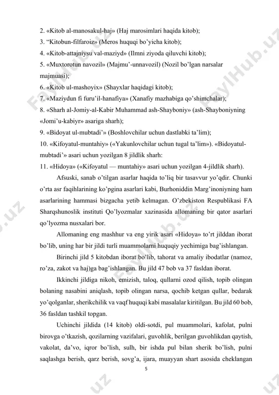 chilik va vaqf huquqi kabi masalalar kiritilgan. bu jild 60 bob, 36 fasldan tashkil topgan. uchinchi jildida (14 kitob) oldi-sotdi, pul muammolari, kafolat, pulni birovga o’tkazish, qozilarning vazifalari, guvohlik, berilgan guvohlikdan qaytish, vakolat, da’vo, iqror bo’lish, sulh, bir ishda pul bilan sherik bo’lish, pulni saqlashga berish, qarz berish, sovg’a, ijara, muayyan shart asosida cheklangan ozodlik berilgan qullar, voliylik (patronat), majbur qilish, homiylik, qisman ozod bo’lgan qullar va bosqinchilik xususidagi masalalar o’rin olgan. bu jildda 36 bob, 37 fasl bor. to’rtinchi jildida (76 kitob) esa shafoat, merosni taqsimlash, dehqonchilik hamda bog’dorchilik xususida shartnoma, qurbonlikka so’yishadigan jonzod haqida, umuman qurbonlik qilish haqida, shariatga zid yomon narsalar haqida, tashlandiq yerlarni o’zlashtirish xususida, taqiqlangan ichimliklar haqida, ovchilik, garovga berish, jinoyatlar xususida, xun haqi to’lash, vasiyat kabi masalalar yoritilgan. bu jild 23 bob, 38 fasldan iborat. burhoniddin marg’inoniy asarlaridan parchalar “hidoya” asaridan quyosh nurlarini berkitib bo’lmaganidek, haqiqatning chirog’ini ham so’ndirib bo’lmas. * * * sahbon …