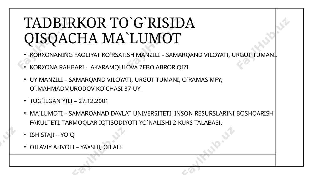 tashkiliy reja korxona bankdan olinadigan kredit mablag`i va uning ustama foizlarini ko`rsatgan xizmatini sotishdan tushgan foyda hisobidan qaytarishni ko`zda tutgan. korxonada shu davr ichida 10ta ishchi-xizmatchi faoliyat olib borishi rejalashtirilgan. bular rahbar, bosh oshpaz va yordamchi oshpazlar, farrosh, idish yuvuvchi ishchilar. korxona o`z oldiga qo`ygan maqsadi- loyihani amalga oshirsa, korxonada 10ta ishchi o`rni yaratadi. ish haqi fondi 3-jadval nomi ishchi o`rni bir oyda (so`m) bir yilda (so`m) rahbar 1 3 000 000,00 36 000 000,00 bosh oshpaz 1 5 000 000,00 60 000 000,00 yordamchi oshpaz 4 10 000 000,00 120 000 000,00 haydovchi 1 1 800 000,00 21 600 000,00 yetkazib beruvchi 1 1 800 000,00 21 600 000,00 farrosh 1 1 000 000,00 12 000 000,00 idish yuvuvchi 1 1 200 000,00 14 400 000,00 jami 10 23 800 000,00 285 600 000,00 ishlab chiqarish rejasi ishlab chiqarish rejasi va tayyorlanadigan taomlar nomenklaturasi, kredit hisobidan sotib olinadigan jihozlar …