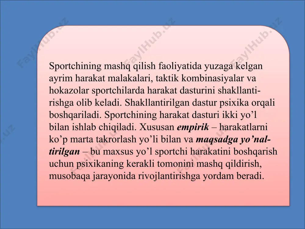 ini kiyib yurish, jamoada bo’lish va hokazolar ustun turadi. 4-guruh – «natijali motiv» deb ataladi. bunda sportchilar yuqori natija ko’rsatishga qiziqadilar. /docprops/thumbnail.jpeg