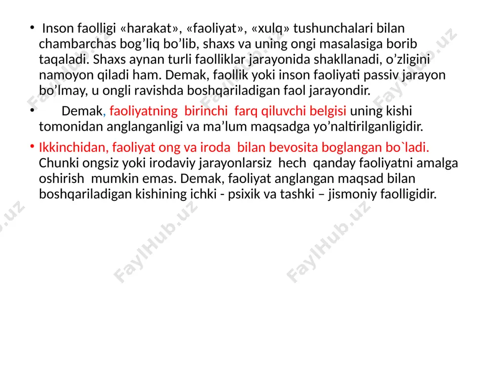un zarur bulgan shart - sharoitlariga buysunish kiradi. madaniy ehtiyojlarga − odamning faol faoliyati insoniyat madaniyatining maxsuliga bog’liq ekanligi misol bo’ladi. shuni ta’kidlash joizki, madaniy ehtiyojlar o‘zining darajasiga ko‘ra, jamiyat tomonidan o‘z a’zolari oldiga qo'yilayotgan talablar bilan bog’liqligiga ko'ra, ular o'zaro bir - birlaridan keskin farq qiladilar. ehtiyojlar o’z predmetining xarakteriga ko’ra moddiy va ma`naviy bo’lishi mumkin. moddiy ehtiyojlar - kishining moddiy madaniyat predmerlariga qaramligi (ovqatlanishga, kiyinishga, uy – joyga, maishiy turmush ashyolariga va boshqa narsalarga ehtiyoj sezishi). ma`naviy ehtiyojlar-esa ijtimoiy ong maxsuliga tobeligi. ko’nikma – mashq qilish natijasida yuzaga kelgan xatti - harakatlarning doimiyligidir. ko`nikmalar - doimo bizdagi aniq bilimlarga tayanadi. masalan, ko`nikma va malakalar o`zaro bog`liq bo`ladi, shuning uchun ham o`quv faoliyati jarayonida shakllanadigan barcha ko`nikmalar va malakalar shaxsning muvaffaqiyatli o`qishini ta’minlaydi. ikkalasi ham mashqlar va qaytarishlar vositasida mustahkamlanadi. malaka - bu mashq natijasida mustahkamlangan ish harakatlarning avtomatlashgan usulidir. malaka ko’zlangan maqsadga muvofiq suratda ish - harakat usullarini …