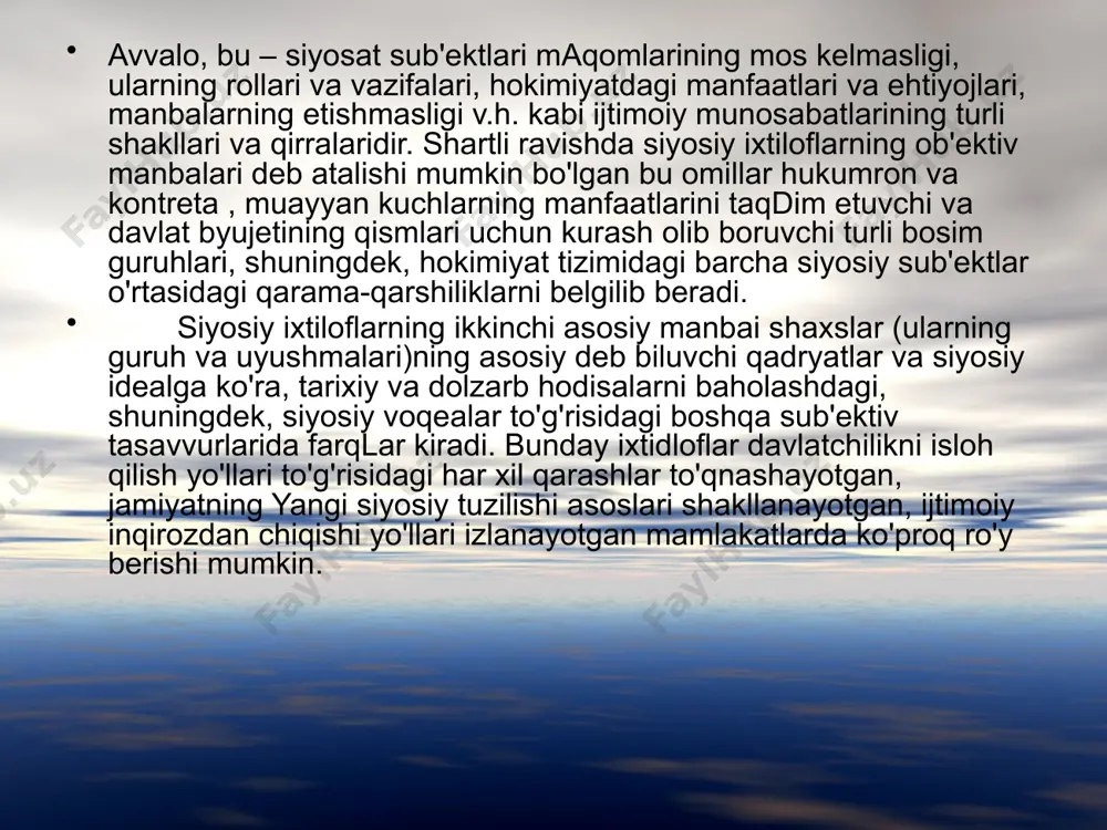 b o'tgan yoki bo'layotgan voqea – hodisani tadqiq etishning boshlang'ich nuqtasini topishdan iboratdir. qolaversa, nazariy va amaliy jihatdan ihtiloflar xukumlash konfliktlarni bartaraf etishidagi boshlang'ich omil ekanligiga qarab uning yuzaga kelishi, rivojlanib borishi va muxtasar holatidan baxs etishimiz mumkin. ijtimoiy muhitda ihtilofning yuzaga keltirgan sababni asoslash o'ta mushkul va chigal vazifa. har bir ijtimoiy harakat o'ziga xos xususiyatlarga ega. buning ustiga uning chegarasiga ko'plab qarama - qarshi hodisalar ham tutashgan bo'ladi. ihtilof anna shu tutashuv chizig'iga ta'sir etuvchi ob'ektuv va sub'ektuv sabablari asosida yuzaga keladi.ihtilofni yuzaga keltirgan o'sha obektiv va subektiv sabablarni tahlil etish uchun hodisalar va insonlar o'rtasidagi bog'liqlikni tadqiq etish zarur. ommaviy ihtiloflar motivatsiyasi shuni ko'rsatadiki , ihtilof orqasida ijtimoiy hayotning u yoki bu qiyinchiliklari,elita bilan xalq hrtasida yuzaga kelgan tafovutlar va hokazolar turadi.masalan, iqtisodiy qiyinchilik, siyosiy simpatiya va antipatiya, populistik yo'l bilan siyosiy liderlikka intilish va boshqalar. odatda siyosiy ihtiloflarning uch asosiy turini ajratib ko'rsatiladi. 1. manfaatlar ihtilofi: …