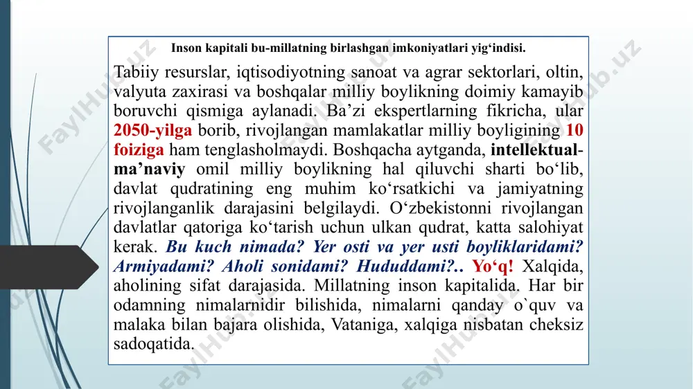 qonunga ko’ra ta’lim 3 bosqichdan iborat bo’ldi: boshlang’ich ta’lim ( i-iv sinf); tayanch ta’lim ( v-ix sinf); o’rta ta’lim ( x-xi sinf). ushbu bosqichlar majburiy ta’lim qilib belgilandi. oliy ta’lim tizimida 25 ming o’qituvchi: 1091 nafar fan doktori, 11 mingdan ortiq fan nomzodi. 1993-yilda respublikamizda jami 8963 ta umumta’lim maktab bo’lib, unda 429500 dan ortiq o’qituvchi 4 mln 766600 o’quvchiga ta’lim berdi. 1993-yilda 55 ta oliy o’quv yurtlarida 317 ming nafar talaba. pedagogika institutlarida 19 ta mutaxassislik bo’yicha pedagoglar tayyorlash. litseylar ish boshladi. iqtidorli bolalarni aniqlash va ular bilan ishlashga e’tibor berildi. 1997 yil 29 avgustda birinchi prezident islom karimov oliy majlis x sessiyasida «barkamol avlod – o‘zbekiston taraqqiyotining poydevori» mavzusida nutq so‘zladi.shu sessiyada «ta’lim to‘g‘risida» gi qonun qabul qilindi. u 5 bo‘lim 34 moddadan iborat. shuningdek, sessiyada «kadrlar tayyorlash milliy dasturi» ham qabul qilindi. u umumiy qoidalar va 5 bobdan iborat. “kadrlar tayyorlash milliy dasturi”ning asosiy maqsadi: ta’lim sohasini …