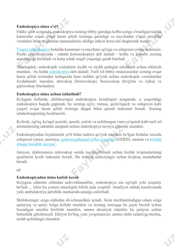 tashvishlanadilar, endoskopiya esa og'riqli yoki noqulay bo'ladi ... lekin bu yomon emasligini bilish juda yoqimli. amaliyot odatda kasalxonada yoki ambulatoriya jarrohlik markazida amalga oshiriladi. shifokoringiz sizga oldindan eb-ichmaslikni aytadi. sizni tinchlantiradigan odam sizga qulayroq va qulay holga kelishi mumkin va sizning tomoqqa bu joyni buzish uchun buzadigan amallar berilishi mumkin, ammo aksariyat odamlar bu jarayon uchun behushlik qilishmaydi. ehtiyot bo'ling yoki yo'qotmaysiz, ammo oldin sedativga berilsa, uxlab qolishingiz mumkin. amaliyotning o'zi juda qisqa - bu faqat taxminan 30 daqiqa davom etadi. agar shifokoringiz biron bir polip yoki to'qimalar namunasini o'chirib qo'ysa, buni his qila olmaysiz, lekin o'zingizni to'lg'azish hissi bilan qabul qilishingiz mumkin (bu sizning tibbiyot jamoasiga hamma narsani yaxshiroq ko'rishga yordam beradigan endoskop orqali ovqat hazm qilish tizimiga pompalanadigan havodan keladi). ehtimol, dam olish kunini olishni xohlaysiz va sizni uyga haydash uchun kimdir kerak bo'lishi mumkin (shifokoringiz bilan o'zingizning vaziyatingizga xos talablar haqida ma'lumot oling). bundan tashqari, siz bir-ikki …