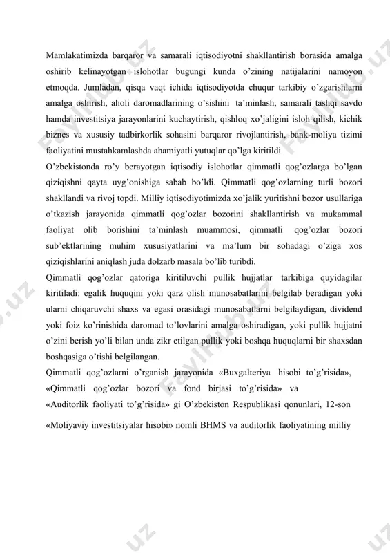 iladigan qimmatli qog’ozlar bo’lib, ularning egalari byudjetga pul mablag’lari o’tkazganini va bu qimmatli qog’ozlarga egalik qilish muddati davomida aniq belgilangan daromad olish huquqini beruvchi ko’rsatuvchi egalik qiladigan davlat qimmatli qog’ozlaridir. uzoq va o’rta muddatli g’azna majburiyatlarini chiqarish bo’yicha qaror o’zbekiston respublikasining vazirlar mahkamasi tomonidan qabul qilinadi. qisqa muddatli g’azna majburiyatlarini chiqarish bo’yicha qarorni o’zbekiston respublikasi moliya vazirligi qabul qiladi. g’azna majburiyatlarini chiqarish to’g’risidagi qarorda daromad to’lash va majburiyatlarni bajarish shartlari belgilanadi. depozit sertifikati – bu pul mablag’lari omonatga qo’yilganligi to’g’risida, omonatchiga belgilangan muddat tugaganidan keyin depozit summasi va unga tegishli foizlarni olish huquqini beruvchi kredit muassasasining guvohnomasidir. o’zbekistonda sertifikatlar ikki turda chiqariladi: depozit sertifikatlari (yuridik shaxslar uchun 1 yilgacha muddatga); depozit (jamg’arma) sertifikatlari (jismoniy shaxslar uchun 3 yilgacha muddatga). veksel deb shunday qimmatli qog’ozga aytiladiki, unda veksel chiqaruvchi yoki vekselda ko’rsatilgan to’lovchini belgilangan muddat kelganda belgilangan mablag’ni veksel egasiga so’zsiz to’lash majburiyatini tasdiqlovchi qimmatli qog’ozdir. hosilaviy qimmatli qog’ozlar – bu …