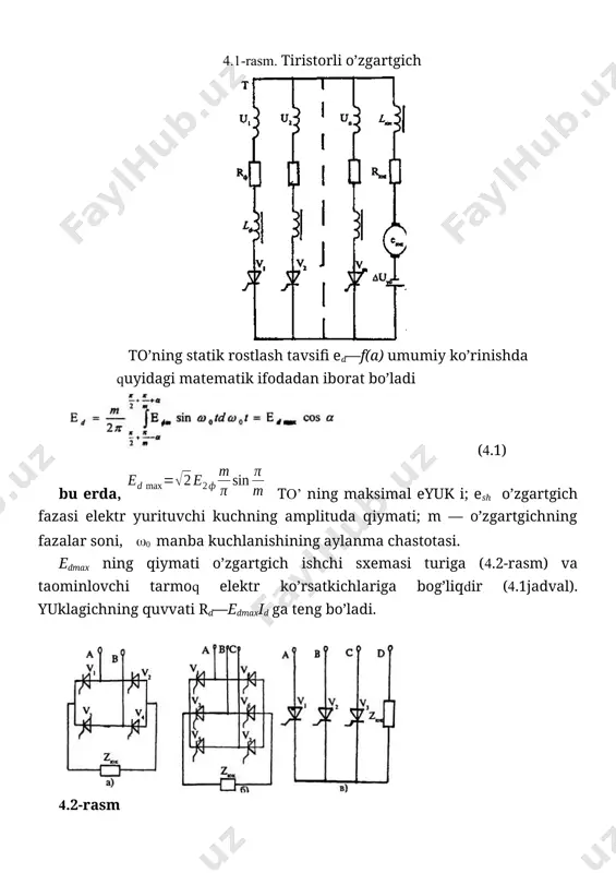 elnыx) uzgarmas tok dvigatellari. 1. sozlanmaydigan (s tsiklovыm upravleniyem) va chastotali bokariladigan asinxron dvigatellari 1. kadamli dvigatellarda. asosan odatiy burchakli burilishli elektr yuritmalar ishlatiladi ya’ni aylanadigan, ammo keluvchi aylanuvchan ishlarda aylanadigan dvigatellarda u bilan kombinatsiya bilan ishlaydigan ya’ni aylanma xarakat bilan ishlaydigan kombinatsiyalarda ishlatiladi. robotlar uchun elektr yuritmalar maxsus dastchikli dvigatelli kayta aloka bilan koplangan elektr evigatel, mexanik uzatma, tormoz, mufta (masalan evigatelni yuklamadan ximoya kilish uchun va boshkaruv moslama bilan ximoyalangan) elektr yuritmalarni robotlar uchun kelajakdagi ishlab chikarishda reduktorsiz dvigatellar, dastchiksiz yuritmalar va tsifrovoy boshkariladigan uzgaruvchan dvigatellar kiradi. hozirgi paytda o’zgarmas tok avtomatlashgan elekr yuritma urilmalarida elektrenergiya manbai sifatida o’zgaruvchan tokni o’zgarmas tokka aylantiruvchi boshiariluvchi yarim o’gkazgichli tsh’rilagichlar keng qo’llanilmoqda. 2.1 o’zgarmas tok o’zgartkichlari. har qanday bir yo’nalishli yarim o’tkazgichli tiristorli o’zgartgich (to’) ni tahlil qilishda odatda umumlashgan m fazali hisob sxemalaridan keng foydalaniladi (5.1-rasm). sxemadagi shartli belgilarning fizik ma’nosi: lyuk, kyuk~ yuklagich, tok o’tkazgich simlar va silliqldovchi reaktorlarning …