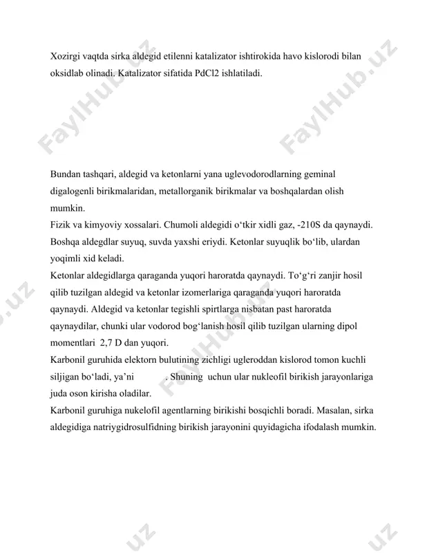 egid va ketonlar fenilgidrazin, semikarbazol bilan reaksiyaga kirishib fenilgidrazon va semikarbazonni hosil qiladilar. bu jarayonlar kislota katalizatorligida boradi. 7. aldegidlar spirtlar bilan yarim atsetal va atsetallarni hosil qiladilar. atsetal hosil bo‘lish jarayoni meneral kislotalar ishtirokida boradi: atsetallar suyultirilgan mineral kislotlar ishtirokida gidrolizlanib, spirtlar va aldegdlarni hosil qiladilar. 8. aldegid va ketonlar pcl5 ta’sirida kislorod atomini ikkita xlor atomiga almashtiradilar: reaksiyaning mexanizmi quyidagicha: ii. oksidlanish reaksiyalari. aldegidlar oson oksidlanib tegishli karbon kislotlarni hosil qiladilar: aldegidlar kumush oksidini ammiakdagi eritmasi bilan qo‘shib qizdirilsa, kumush idish devorida «ko‘zgu» hosil qiladi. bu reaksiya «kumush ko‘zgu» reaksiyasi nomi bilan mashxur va aldegidlarni sifat jihatdan aniqlashda ishlatiladi. ketonlar qiyin oksidlanadi. ketonlarning oksidlanishi natijasida ikkita har xil kislota yoki kislota bilan keton aralashmasi hosil bo‘ladi. masalan: iii. polmerlanish reaksiyasi. polimerlanish reaksiyalari aldegidlar uchun xos bo‘lib, kislotalar ishtirokida sodir bo‘ladi: polimerlanish reaksiyasining mexanizmini quyidagicha tasavvur etish mumkin: iv. galogenlash. aldegid va ketonlar brom va yod bilan galogenlash reaksiyasiga …
