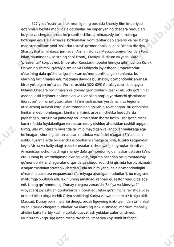 vi asr oxirigacha otliq qo’shindagi birlik o’lchamlari ancha kichik edi. o’rnatilgan bo’linmalarning umumiy sonidan dala qo’shinlari tarkibidagilarning taxminan 15foizi juda og’ir otliqlar turiga (kataphracti va clibanarii) tegishli edi.[2] 527-yilda yustinian hukmronligining boshida sharqiy rim imperiyasi qoʻshinlari beshta mobil dala qoʻshinlari va imperiyaning chegara hududlari boʻylab va chegara ortida koʻp sonli kichikroq mintaqaviy boʻlinmalarga boʻlingan edi. dala armiyasi bo’linmalari komitentlar deb atalardi va har biriga magister militum yoki “askarlar ustasi” qo’mondonlik qilgan. beshta diviziya sharqiy (katta mintaqa, jumladan armaniston va mesopotamiya frontlari fors bilan, shuningdek, misrning cho’l fronti), frakiya, illirikum va yana ikkita “praesental” korpus edi. imperator konstantinopolni himoya qilish uchun kichik osiyoning shimoli-g’arbiy qismida va frakiyada joylashgan. imperatorlar o’zlarining dala qo’shinlariga shaxsan qo’mondonlik qilgan kunlarda, bu ularning bo’linmalari edi. yustinian davrida bu shaxsiy qo’mondonlik an’anasi biroz yo’qolgan bo’lsa-da, fors urushida (622-629) gerakliy davrida u qayta tiklandi.chegara bo‘linmalari va doimiy garnizonlarni tashkil etuvchi qo‘shinlar, asosan, eski legioner bo‘linmalari va ular bilan …