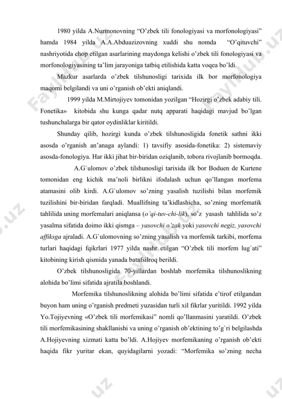 asovchi o’zak yoki yasovchi negiz, yasovchi affiksga ajraladi. a.g`ulomovning so’zning yasalish va morfemik tarkibi, morfema turlari haqidagi fqikrlari 1977 yilda nashr etilgan “o’zbek tili morfem lug`ati” kitobining kirish qismida yanada batafsilroq berildi. o’zbek tilshunosligida 70-yillardan boshlab morfemika tilshunoslikning alohida bo’limi sifatida ajratila boshlandi. morfemika tilshunoslikning alohida bo’limi sifatida e’tirof etilgandan buyon ham uning o’rganish predmeti yuzasidan turli xil fikrlar yuritildi. 1992 yilda yo.тojiyevning «o’zbek tili morfemikasi” nomli qo’llanmasini yaratildi. o’zbek tili morfemikasining shakllanishi va uning o’rganish ob’ektining to’g`ri belgilashda a.hojiyevning xizmati katta bo’ldi. a.hojiyev morfemikaning o’rganish ob’ekti haqida fikr yuritar ekan, quyidagilarni yozadi: “morfemika so’zning necha morfemadan tashkil topishini o’rganmaydi, balki morfemalarning turini, har bir turga xos xususiyatlarni o’rganadi”[footnoteref:1]1. [1: 1 hojiyev a.so`zning morfologik va so`z yasalish strukturasi. “o`zbek tili va adabiyoti” jurnali, 1976-yil, 3-son, 31-bet.] o’zbek tili morfemalarining xuddi boshqa sath birliklari kabi sath hosil qilish xususiyatini, ularni paradigmatik va sintagmatik munosabatlarini yoritishda т.mirzaqulovning tadqiqotlarini alohida ta’kidlash joiz[footnoteref:2]2. [2: …