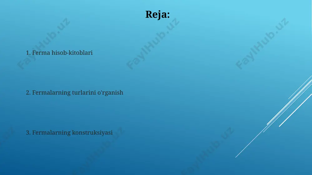 farqlanadi. chizmalarda truss elementlarining kesimlari (masalan, i-profil, kvadrat profil) va ularning oʻlchamlari aniq koʻrsatilishi, kuchlarni toʻgʻri hisoblash uchun muhimdir. ferma elementlari ferma elementlari, ya'ni bog'lovchi elementlar, odatda 20-40 mm diametrli yuqori mustahkamlikdagi po'latdan yasalgan bo'lib, tortish va siqish kuchlariga bardosh bera oladi. murakkab ferma konstruksiyalarida, 30 darajadan ortiq burchak ostida joylashgan ferma elementlari, qo'shimcha mustahkamlash va qo'llab-quvvatlash elementlarini talab qilishi mumkin. ishlab chiqarish texnologiyalari cnc kesish texnologiyalari yordamida aniq geometrik o‘lchamlarga ega truss elementlarini ishlab chiqarish, qo‘shimcha materiallar sarfini 5-7% ga kamaytiradi va yig‘ish vaqtini tezlashtiradi. yuqori quvvatli po‘lat profillaridan foydalanish, truss konstruksiyalarining chidamliligini 2 baravarga oshirib, og‘irlikni 10-15% ga kamaytiradi. yuk turlari va ta'siri truss turlari, masalan, uchburchak, parallel akkordli va k-trusslar, yuk ta'siriga qarab turli xil stresslarga ega bo'ladi, bu esa 2-3 baravar farq qilishi mumkin. ko'pburchak trusslarning geometrik shakli va qo'llab-quvvatlash nuqtalarining joylashuvi yuk taqsimotini 15-20% ga o'zgartirishi mumkin, bu esa konstruktsiyaning umumiy barqarorligiga ta'sir qiladi. bog'lovchi …