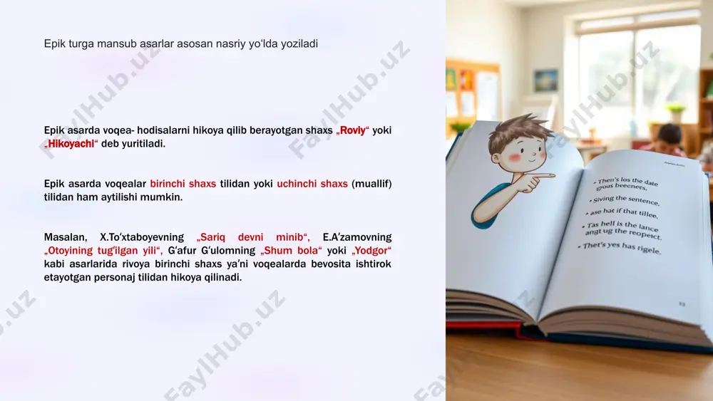 uch elak,haqiqat,yaxshilik,foyda) tarixiy rivoyatlarda biror shaxs faoliyati va xalq qahramonlari bilan bogʻliq hodisalar hikoya qilinadi, axloq va odobning ideal meʼyorlari tashviq etilib, muayyan faktlar haqida axborot beriladi. bunday rivoyatlar navoiy, ulugʻbek, ibn sino, beruniy, mashrab, amir temur, sulton mahmud va boshqalar hayoti bilan bogʻliq voqea va hodisalar asosida ham yaratilgan. ertak — xalq og'zaki poetik ijodining asosiy janrlaridan biri; toʻqima va uydirmaga asoslangan sehrli sarguzasht va maishiy xarakterdagi epik badiiy asar. asosan, nasr shaklida yaratilgan. ertak surxondaryo, samarqand, fargʻona oʻzbeklari orasida matal, buxoro atrofidagi tuman va qishloqlarda ushuk, xorazmda varsaqi, toshkent shahri va uning atrofida choʻpchak deb ataladi. ertak janri obrazlar talqini, gʻoyaviy mazmuni va konflikti, syujet va kompozitsiyasi, uydirmalarning oʻrni va vazifasi, tili va uslubiga koʻra: shartli ravishda hayvonlar haqidagi ertaklar, sehrli ertaklar, maishiy ertaklar, hajviy ertaklarga boʻlinadi. ertaklar, asosan, didaktik vazifani bajaradi. ertaklarning "ming bir kecha", "panchatantra" va boshqalar yaxshi namunalari, g.x. andersen, v.xauf, a.s.pushkin kabilarning mumtoz adabiy …