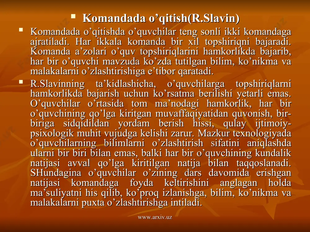 ) bu metodda sinf o’quvchilari 3-5 kishidan iborat kichik guruhlarga ajratiladi. har bir guruh darsda bajarilishi lozim bo’lgan topshiriqning ma’lum qismini bajaradi. guruhlar topshiriqlarni to’liq bajarishi natijasida o’quv materialining yaxlit o’zlashtirilishiga erishiladi. mazkur metodning asosiy printsiplari –komandani taqdirlash, o’quvchilarga individual yondashish, muvaffaqiyatlarga erishish uchun har xil imkoniyatlarni vujudga keltirish. kichik guruhlarda ijodiy izlanishni tashkil etish metodi(isroildagi telь-aviv universiteti professori –sh.sharan(1988) tomonidan ishlab chiqilgan.) bu metodda ko’proq o’quvchilarning mustaqil va ijodiy ishiga e’tibor qaratiladi. www.arxiv.uz www.arxiv.uz o’quvchilar alohida-alohida yoki 6 kishilik kichik guruhlarda ijodiy izlanish olib boradilar. ijodiy izlanish kichik guruhlarda tashkil etilganda darsda o’rganish lozim bo’lgan o’quv materiali kichik qismlarga ajratiladi. keyin bu qismlar yuzasidan topshiriqlar har bir o’quvchiga taqsimlanadi. shunday qilib, har bir o’quvchi umumiy topshiriqning bajarilishiga o’z hissasini qo’shadi. kichik guruhlarda topshiriq yuzasidan munozara o’tkaziladi. guruh a’zolari birgalikda ma’ruza tayyorlaydi va sinf o’quvchilari o’rtasida o’z ijodiy izlanishlari natijasini e’lon qiladi. kichik guruhlar o’rtasida o’tkazilgan o’quv bahsi, munozara o’quvchilar …