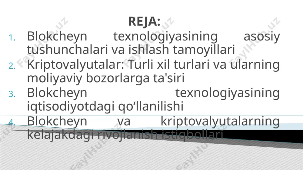 асосий тамойили шундаки, маълумотлар блоклар шаклида тўпланади ва ҳар бир блок олдинги блок билан боғланиб, узлуксиз занжирни ҳосил қилади. бу маълумотлар занжирида бир марта киритилган маълумотлар ўзгармас бўлиб қолади, яъни уни ўзгартириш ёки ўчириш мумкин эмас. бу жараён тарқатилган тизим орқали амалга оширилади, яъни маълумотлар бир марказда эмас, балки бир нечта нуқталарда сақланади, шунингдек, ҳар бир иштирокчи бу маълумотларни кўра олади ва уни текшириши мумкин. блокчейн технологиясининг асосий хусусиятлари: марказлашмаганлик: блокчейн марказий идора ёки серверсиз ишлайди. бу маълумотлар бир вақтнинг ўзида бир неча серверларда тарқатиб сақланади, бу эса тизимни ҳакерлик ҳужумларидан ҳимоя қилади. шаффофлик: ҳар бир иштирокчи маълумотлар базасида содир бўлган ўзгаришларни кўриш имкониятига эга. хавфсизлик: маълумотлар бир марта блокка киритилганидан сўнг ўзгаришсиз қолади ва уни ўзгартириш имконияти жуда кам. ўзгартириб бўлмаслик: тизимга киритилган маълумотлар ўзгармас бўлиб қолади, яъни уларни ўчириш ёки ўзгартириш мумкин эмас. блокчейннинг ишлаш тамойили шундан иборатки, маълумотлар тизимидаги ҳар бир блок олдинги блок билан боғланиб, тасдиқланади, …
