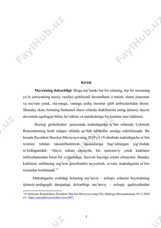extiyojni amalga oshirishga tayyor emasligi bilan bog‘liq ijtimoiy extiyoj o‘rtasidagi tafovut bilan belgilanadi. shuning uchun, o‘zbekiston respublikasi prezidenti shavkat mirziyoyevning oliy majlisga 2020 yil 29 dekabrda qilgan murojaatnomasida “kelgusi yillarda maktabgacha ta’lim sohasini rivojlantirish borasidagi strategik maqsadimiz – bog‘cha yoshidagi har bir bolani ushbu ta’lim yo‘nalishi bilan to‘liq qamrab olish uchun zarur sharoitlar yaratishdan iborat” deb ta’kidlagan edi.[footnoteref:2] [2: o‘zbekiston respublikasi prezidenti shavkat mirziyoyevning oliy majlisga murojaatnomasi 29.12.2020 yil. https://president.uz/uz/lists/view/4057] muammoning o‘rganilganlik darajasi: mavzuni o‘rganish jarayonida muammoning nazariy va uslubiy ishlanganlik darajasini o‘rganish maktabgacha yoshdagi bolalarning bir guruh pedagoglar psixologlar tomonidan yetarli darajada tadqiq etilganligini ko‘rsatadi. kurs ishining obyekti: maktabgacha ta’lim va tarbiya tashkilotlarida ijtimoiy-pedagogik faoliyat jarayoni. kurs ishining predmeti: “maktabgacha yoshdagi bolalar bilan tashkil etiladigan ijtimoiy-pedagogik faoliyat” mavzusini o‘rganishning mazmuni, metodi va shakllari. kurs ishining maqsadi: maktabgacha yoshdagi bolalar bilan tashkil etiladigan ijtimoiy- pedagogik faoliyatni olib borishdan iborat. bolalarning shakllanishiga va rivojlanishiga ta’sir etuvchi omillarni o‘rganish. bolalarning turli faoliyat …