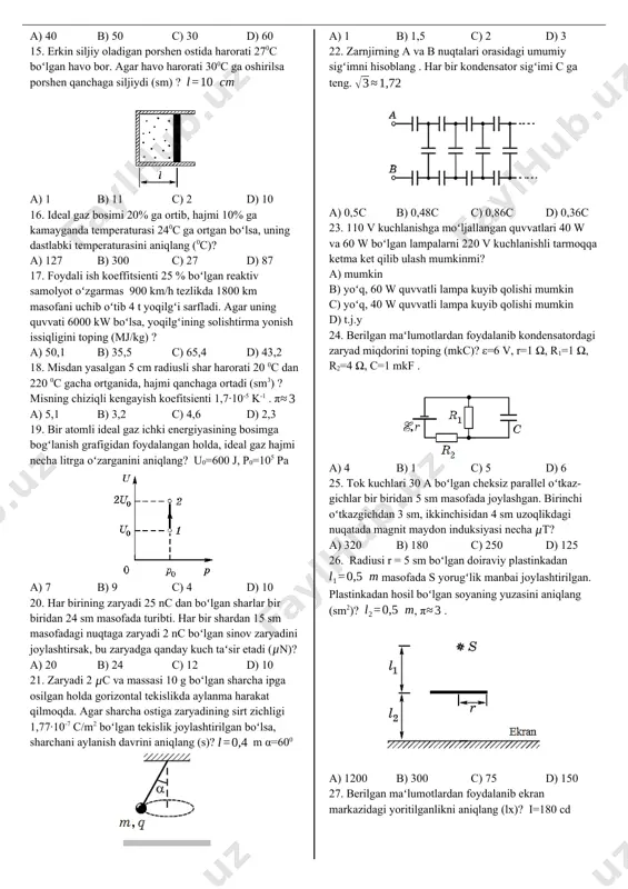 teng. a) 2 b) 5 c) 10 d) 4 11. sharcha silliq gorizontal tekislikga urilib kinetik energiyasini 1/3 qismini yoʻqotdi, α=450 ga teng boʻlsa β=? a) 300 b) 450 c) 600 d) 150 12. ogʻirligi 10 n va uzunligi 40 sm boʻlgan richagning chap uchiga 10 n, oʻng uchiga 20 n ogʻirlikdagi jismlar osilgan. tayanchni qayerga qoʻyilsa richag muvozanat holatida bo’ladi. a) chap uchidan 25 sm masofada b) oʻng uchidan 10 sm masofada c) chap uchidan 15 sm masofada d) oʻng uchidan 25 sm masofada 13. 100 g massali jismni suvdagi va spirtdagi ogʻirligi mos holda 500 va 610 mn ga teng. spirtning zichligini aniqlang (kg/m3)? a) 600 b) 780 c) 650 c) 800 14. uzun ingichga ipga osilgan 1 g massali metal sharcha 1 s davr bilan tebranmoqda. sharcha ostiga magnit joylashtirilsa sharchaning tebranish davri 0,5 s boʻlsa, magnit sharchaga qanday kuch bilan taʻsir etadi (mn)? a) 40 b) …