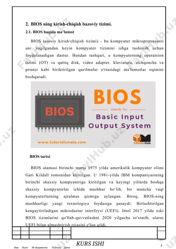 adi. 1. bootstrap yuklovchi. bu operatsion tizimni aniqlaydi. 1. dasturiy ta'minot / drayverlar. bu ishlagandan so'ng os bilan interfeysga ega bo'lgan dasturiy ta'minot va drayverlarni topadi. qo'shimcha metall oksidi yarimo'tkazgichni (cmos) sozlash. bu foydalanuvchilarga apparat va tizim sozlamalarini o'zgartirish imkonini beruvchi konfiguratsiya dasturi. cmos - bu bios-ning doimiy xotirasining nomi. bios-ga kirish bios yordamida operatsion tizim va uning ilovalari biriktirilgan kiritish-chiqarish qurilmalari haqidagi aniq ma'lumotlarni, masalan, kompyuter apparat manzillarini tushunishdan ozod qilinadi. qurilma tafsilotlari o'zgarganda, faqat bios dasturini o'zgartirish kerak. ba'zida bu o'zgarish tizimni o'rnatish vaqtida amalga oshirilishi mumkin. foydalanuvchilar bios-ga kirishlari va uni bios setup utility orqali sozlashlari mumkin. bios setup utility dasturiga kirish foydalanilayotgan kompyuterga qarab bir oz farq qiladi. biroq, quyidagi qadamlar odatda foydalanuvchilarga setup utility orqali bios-ga kirish va sozlash imkonini beradi: kompyuterni qayta o'rnating yoki o'chiring. kompyuter qaytadan yoqilganda, "sozlamaga kirish" yoki shunga o'xshash xabarni qidiring. ushbu xabar bilan birga foydalanuvchi tizim konfiguratsiyasiga kirish uchun …