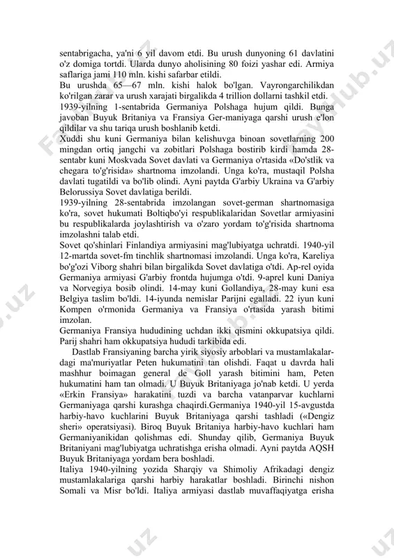 l, 4 mlrd. 226 mln. soʻm zayom puli, 52,9 kg. oltin va kumush topshirildi. armiyaga 7 518 800 ta gimnastyorka, 2 636 700 ta paxtalik, 2 221 200 ta etik va qoʻnjli botinka yuborildi. yengil sanoat vazirligi korxonalari tomonidan frontga 246 918 700 soʻmlik mahsulot joʻnatilgan. qiyinchilik va xomashyo yetishmasligiga qaramasdan, toshkent toʻqimachilik kombinati front uchun 410 mln metr gazlama ishlab chiqardi. shuningdek, koʻp miqdorda oziq-ovqat mahsulotlari joʻnatildi. chunonchi, 1 282 000 tonna gʻalla, 482 000 tonna kartoshka va sabzavot, 1000 tonna poliz mahsuloti, quruq va hoʻl mevalar shular jumlasidandir. faqat 1941-yilning ikkinchi yarmida 59 mingta ot frontga olib ketildi. respublikaning har bir viloyati, shahar va tumani jangchilarga yordam qoʻllarini choʻzishdi. masalan, 1942-yilning boshlarida buxoro viloyatidan 4059 juft issiq kiyim, 9380 juft jun paypoq va qoʻlqop, 5660 qalpoq, 2750 shim, 3000 poʻstin, 18,5 ming litr vino va quruq mevalar olindi. 1943-yilning boshlarida leningradga andijon viloyatidan 7884 kilo un va bugʻdoy, …