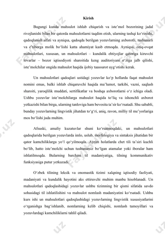a onomastik tizimida muhim o‘rin tutadi, chunki ular oziq-ovqat sanoati va kundalik hayot bilan chambarchas bog‘liq. ushbu nomlar mahsulotning turi, sifati va ishlab chiqaruvchi kompaniya haqida ma’lumot beradi. quyida un mahsulotlari nomlarining umumiy xususiyatlari va misollari keltiriladi. un mahsulotlari nomlari asosan ikki toifaga bo‘linadi: mahalliy va xalqaro ta’sirda shakllangan nomlar. mahalliy nomlar o‘zbek tilining leksik boyligiga asoslanadi. masalan, “o‘zbek chiroyli un” nomi mahalliy ishlab chiqaruvchilar tomonidan qadoqlarga yoziladi va mahsulotning milliy kelib chiqishini ta’kidlaydi. “premium bug‘doy uni” nomi esa mahalliy xomashyodan tayyorlangan yuqori sifatli unni anglatadi. bu nomlar o‘zbek tilining grammatik qoidalariga mos holda yoziladi. xalqaro ta’sirda shakllangan nomlar ko‘pincha inglizcha yoki boshqa tillardan o‘zlashtirilgan so‘zlarni o‘z ichiga oladi. masalan, “gold wheat flour” nomi inglizcha “gold” (oltin) va “wheat flour” (bug‘doy uni) so‘zlaridan tashkil topib, mahsulotning yuqori sifatini ko‘rsatadi. “super fine flour” nomi esa mahsulotning nozikligini ta’kidlaydi va global bozor uchun mo‘ljallangan. un mahsulotlari nomlari qadoqlarda ko‘pincha mahalliy ishlab chiqaruvchi …