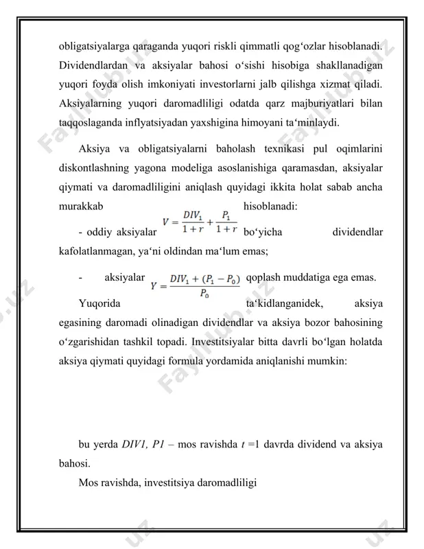 ining barqarolashuvi kuzatiladi va bu davrda dividendlarning nisbatan barqarorligi yoki g2 koeffitsientda oʻzgarishi kuzatiladi. oxirgi bosqich boshlangandan soʻng maʻlum darajada barqarorlashadi yoki yuqori boʻlmagan g3koeffitsientda oʻsib boradi. shunday qilib korxona rivojlanish bosqichlariga mos ravishda dividend toʻlovlarining g1, g2, g3koeffitsientlardagi oʻsish surʻatlarini, shuningdek, har bir bosqich davomiyligi prognozini amalga oshirish lozim. korxona rivojlanishining real jarayonlari bilan bir xil boʻlgan bunday modelning bir xil prognozlarini yuqori aniqlikda hisob-kitob qilish amaliyotda bir muncha murakkablik kasb etadi. ddm modelining koʻrib chiqilgan turlari kutilayotgan dividendlar va ularning oʻsish surʻatini prognozlashga asoslanadi. lekin bu model ham nazariy jihatdan asoslanganligiga qaramasdan qator kamchiliklarga ega. masalan, bu modellar umuman dividend toʻlamaydigan, nomuntazam dividend toʻlovlarini amalga oshiradigan, arzimas summada dividendlar toʻlaydigan korxonalar aksiyalarini baholash uchun toʻgʻri kelmaydi. pul oqimlarini diskontlashga asoslangan modellar xorijiy tajribada keng qoʻllaniladigan modellardan biri hisoblanadi. bu model shakllanishiga nisbatan ikkita asosiy yondashuv amal qiladi. birinchisi korxona aktivlaridan boʻsh pul oqimlari fcfftni prognozlashga va keyin esa …