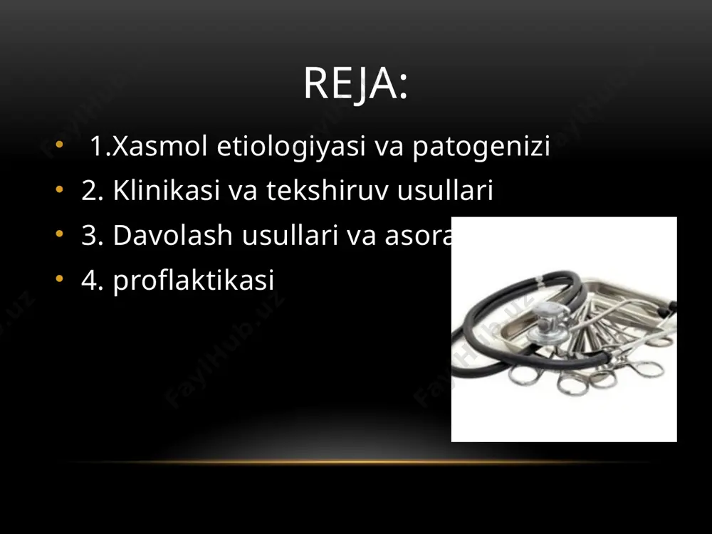 i, i va v barmoqlarda esa ular bilak suyagi va tirsak sinovial xaltalari orqali birikadi. ikkala xalta bilak kanali sohasidagi kaft chuqurligida ko'pincha bir-biriga tegib turadi, mana shuning uchun ham yallig'lanish bir bo'shliqdan ikkinchisiga o'tishi mumkin. shuningdek, yiringli jarayonning bilakka o'tish xavfi ham bor tasnifi. tasniflash odatda anatomik prinsip asosida amalga oshiriladi. xasmollarning quyidagi turlari tafovut qilinadi 1) teri xasmoli - yuzaki limfatik erizipeloid; 2) teri osti xasmoli - distal falangada o'rta va asosiy falangada barmoqlar orqa sathida; 3) pay qini xasmoli - tarqalgan chegaralangan 7) pandaktilit - quruq nekroz turi ho'l nekroz turi aralash turi. 4) suyak xasmoli - o'tkir surunkali 5) bo'g'im xasmoli - bo'g'im-suyak bo'g'im; 6) tirnoq xasmoli - tirnoq osti xasmoli tirnoq yoni xasmoli - paronixiya; teri xasmoli teri xasmoli mayda jarohatlar natijasida kelib chiqadi. yallig'lanish jarayoni epidermis qavati ostida, kaft yuzasida va orqa tomonida kechadi. patologik-anatomik manzarasi. dastlab terining epiderma qavati ostida yiringli sarg'ish pufakcha …