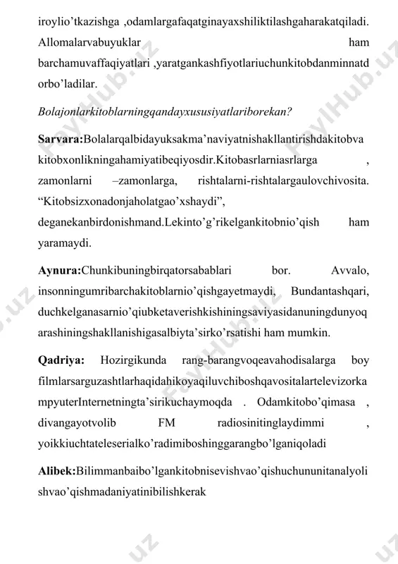 atbahoboylik, unihechqachoniflosqilmang raxmatbolajonlarzerikibqolmadikmi .hozirhammamizjoyimizdanturamizvazerikishniunutamiz. bolalarbilanhaftakunlariniingliztilidatalaffuzqilish. bolajonlar biz snashuhaftakunlarinivaingliztilidatalaffuzinianashukitoblardano’rganamizqanihammamizjoylashibolaylik. tarbiyachi :bolajonlarkitoblarhaqidashe’rlarbilamizmi? kim aytibberadi. odiljon:haryaxshilik ,haryomon qat-qatidajoylashgan shuninguchundeymanki kitobmeningdo’stimsan elnura:barchabilmasqahramon el-yurtlarga men oshno armonlarimtarqatib , qonibo’qishbirodat shuninguchundeymanki kitobmeningdo’stimsan. amirxon:harko’ngilningorzusishulerur obi hayot, qadrinibilgankishigashubhasizjondirkitob ashuroy: ko’zningnuri ,dilsururidillarningdarmonidir harqorong’udilgago’yomohitobondirkitob sardor:harbalodanasraguvchiengmuhimhimmatyarog’ tiyrivahshatxanjarizillatgaqalqondirkitob umida:harkishiyoshlikdaqilsavaqtidag’ayrat agar tezzamondaoshnobo’lmog’iosondirkitob. alibek: ilmkalitikitob gar o’qisangbobma bob o’rganibborbilimni ocharbag’ridilingni safargachiqqanchog’ing u engyaqino’rtog’ing oshnobo’lsangkitobga yuksalasanoftobga ayubxon: kitobdanyaxshiroqdo’styo’qjahonda g’amxo’ringbo’lgay u g’amlizamonda u bilanholtanhohechbermasozor joninggayuzrohatberaditakror ibrohim: jovonimgaqarabqo’y qilaryalt-yultkitoblar harxonagako’rkobro’ gavharjildjildkitoblar bamisolikengdunyo javonichrajoylashgan. azizbek:kitobimniqandaysevsamozbo’lur kitobdesamko’nglimbahoryozbo’lur kitobimnidesam agar ko’klamyoz, ko’klamyozningumrilekinundanoz tezdachamanyaprog’iso’lar, qurur kitobchamanbo’stonimso’lmasbo’lur. ro’zbibi:oqillarsafigaqo’shmayqo’yaqol u gohqo’yindadir, gohbag’ringda kitobegasiningmahbubimisol raxmatbolajonlarimkelingalarendiinternetdakitobhaqidadunyoyangiliklarinimalardaniboratekanqaniaytichimiraziz: dunyodagiengog’irkitobbritaniyamuzeyidasaqlanuvchi xvii asrdaoidgeografikatlasdir.uningbo’yi 1,9metrog’irligi 320 kg barotjon:dunyodagiengmashhurkitobqahramoninapaleondir. u haqda 10 000 danortiq