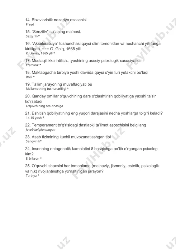 m sifatlar nimalardan iborat? oddiy xatti-harakat ko‘nikmalarini egallash va o‘z-o‘ziga xizmat qilishni shakllanishi katta yoshdagi odamlar bilan nutq vositasida muloqotga kirisha olish imkoniyati 9. bola necha oylikdan boshlab bola o‘z yaqinlarini begonalardan ajrata boshlaydi? 3-5 oylikdan 10. eshitish qobiliyatining eng yuqori darajasini necha yoshlarga to‘g‘ri keladi? 14-15 yosh * 11. shaxs taraqqiyotini xarakatga keltiruvchi kuchlarni aniqlang? ijtimoiy muxit ta’lim-tarbiya va va faoliyatdagi insonning faolligi * 12. idrok turlari…. fazo, vaqt, harakat 13. barcha psixik jarayonlarning rivojlanishi borasidagi madaniy-tarixiy determinatsiya g‘oyasini rivojlantirgan olimni aniqlang. l.s.vigotskiy * 14. motivatsiyaning asosida nima yotadi? ehtiyoj * 15. aql – idrok nazariyasi muallifi kim elkonin 16. maktab yoshidagi bolalarda diqqat qanday bo‘ladi? qisqa muddat * 17. “akseleratsiya” tushunchasi qaysi olim tomonidan va nechanchi yili fanga kiritilgan. === g. go‘q, 1665 yili r.kox, 1935 yili 18. ma’lum bir ijtimoiy foydali, moddiy yoki ma’naviy mahsulotni ishlab chiqarishga yo‘naltirilgan faoliyat turini ko‘rsating. ta’lim 19. oliy psixik funktsiyalar (ixtiyoriy …