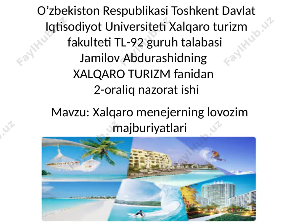 allik quyidagi vazifalarning bajarilishini talab etadi: 1. maksadlarni, konkret vazifalarini qo’yilishi va ularga erishishning yo’lini tanlash; 2. ishni tashkil etish, tizim va boshqaruv tizimini samarali shakllantirish; 3. jamoaga odamlarni tanlash va motivlashtirish tizimini yaratish; 4. mexnat natijalarini o’lchashni, ularni taxlil qilishni, baxolashni va sharxlashni amalga oshirish; 5. xodimlar malakasi o’sishini rag’batlantirish va o’zining shaxsiy malakasini xam oshirish; 6. tashkilotda munosabatlar xamda xatti-xarakat qoida va normalarni ishlab chiqish. 7. menejerning asosiy javobgarlik soxalari strategiya, struktura va personal xisoblanadi. www.arxiv.uz eng katta xalqaro mehmonxonalarga quyidagilar kiradi: holiday inn; best western; sheraton; ramada inn; accor; hilton corporation; club med; novhotels; marriot international; hfs ink va h.k. www.arxiv.uz “o‘zbekturizm” milliy kompaniyasi o‘zbekistonda yaponiyaning toyoko inn arzon mehmonxonalar tarmog‘ini yaratish bo‘yicha muzokaralar olib bormoqda, “sayyohlik mavsumi avjiga chiqqan vaqtda infratuzilmaga, ayniqsa mehmonxonalarga katta yuk tushadi. xonalar yetishmay qolishi bilan bog‘liq vaziyatlar kuzatiladi, shu tufayli o‘zbekiston mehmonxona sektoriga xorijiy investitsiyalarni jalb etishdan manfaatdor. www.arxiv.uz shu maqsadda …