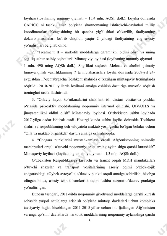 utlari orqali o‘tuvchi noqonuniy opiatlarning aylanishiga qarshi kurashish” mintaqaviy loyihasi (loyihaning umumiy qiymati – 1,3 mln. aqsh doll.). o’zbekiston respublikasiga kiruvchi va tranzit orqali mdh mamlakatlari o’tuvchi shaxslar va transport vositalarining asosiy oqimi o’zbek-tojik chegarasidagi «oybek-avtoyo’l» o’tkazuv punkti orqali amalga oshirilishi hisobga olingan holda, asosiy tehnik hamkorlik oqimi ushbu nazorat-o’tkazuv punktiga yo’naltirilgan. bundan tashqari, 2011-yilda noqonuniy giyohvand moddalarga qarshi kurash sohasida yuqori natijalarga erishish bo’yicha mintaqa davlatlari uchun kompleks tavsiyaviy hujjat hisoblangan 2011-2015-yillar uchun mo‘ljallangan afg‘oniston va unga qo‘shni davlatlarda narkotik moddalarining noqonuniy aylanishiga qarshi kurashdagi xatti-harakatlarni qo‘llab-quvvatlash mintaqaviy dasturi yo‘lga qo‘yildi. kurs ishining maqsadi: o‘zbekiston o‘z hududida va mintaqada barqarorlikni ta'minlash, terrorizm va ekstremizmga qarshi kurashishda qat'iy pozitsiyani egallash orqali xavfsizlikni mustahkamlashni maqsad qiladi. kurs ishining vazifasi: o'zbekistonning xalqaro xavfsizlikni ta'minlashdagi o'rni va vazifalari quyidagi asosiy yo'nalishlarni o'z ichiga oladi: · terrorizmga qarshi kurash: · terrorizm va ekstremizmga qarshi kurashda mintaqaviy va global hamkorlikni rivojlantirish. · xavfsizlik kuchlarini modernizatsiya …