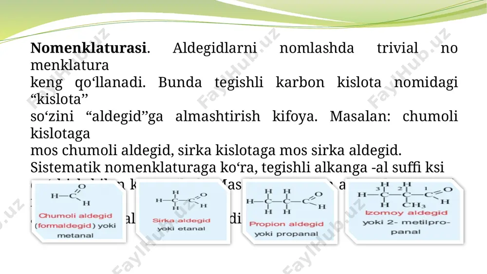 a xushbo‘y bo‘ladi; ba’zan uning hidi olma hidini eslatadi (olma tarkibida ozroq miqdorda sirka aldegid bor). laboratoriya sharoitida asetaldegid, odatda, etil spirtni kislotali muhitda kaliy bixromat bilan oksidlab olinadi sanoatda asetaldegid, asosan: — etil spirt bug‘ini katalizator (mis) ta’sirida oksidlash; — asetilenni katalizator (simob) ishtirokida suv bug‘i bilan gidratlash; — etilenni palladiy tuzlari ishtirokida havo kislorodi bilan oksidlash natijasida olinadi. bu usullar orasida tobora ko‘p qo‘llanilayotgani etilenni to‘g‘ridan to‘g‘ri oksidlashdir: aldegid o’rmoni olinishi xossalari umumiy formulasi vakillari ishlatilish soxalari sifat reaksiyalari vakillari xidi farm soxadagi o’rni asetaldagid va formaldagid haqida tushunchalar xullosa aldegidlar – organik birikmalar bo'lib, ularning tarkibida oxirgi uglerod atomiga birikkan karbonil guruhi () mavjud. ular umumiy formulasi ko'rinishida ifodalanadi, bunda r – vodorod atomi yoki uglevodorod radikali bo'lishi mumkin. aldegidlar tarkibida karbonil guruhi mavjudligi tufayli ular yuqori reaktivlikka ega. foydalangan adabiyotlar ro’yxati: 1.masharipov,tirkashev “kimyo darsligi” 2.abdusamatov a, mirzayev r, ziyayev r “ organik kimyo “ 3.10sinf kimyo …