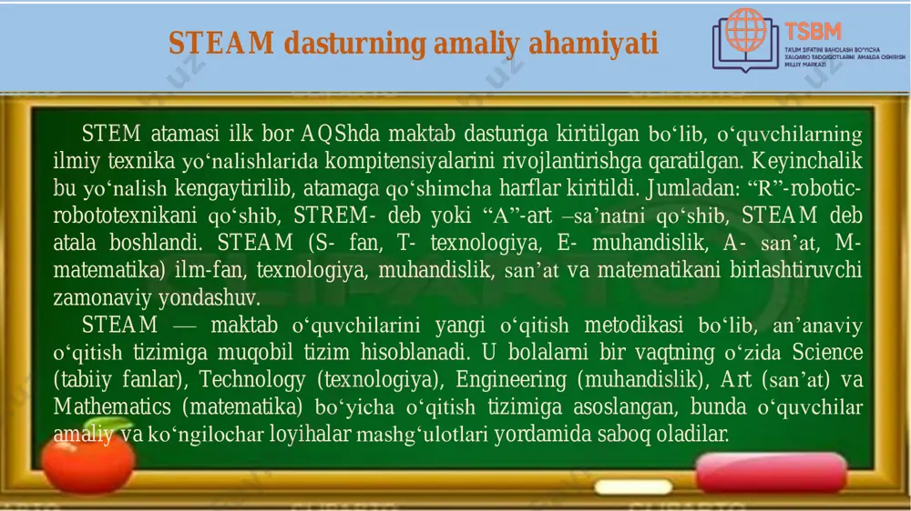 urining asosini tashkil etadi. steam dasturning amaliy ahamiyati steam o‘quvchilarda quyidagi muhim xususiyatlar va ko‘nikmalarni rivojlantirishga yordam beradi - muammolarni keng qamrovli tushunish - ijodiy fikrlash - muhandislik yondashuv - tanqidiy fikrlash - ilmiy metodlarni tushunish va qo‗llash - dizayn asoslarini tushunish o‘qish savodxonligi (quyonlar) 5-mashg‗ulot quyonlar topishmoqni toping: qishda kulrang, yozda esa oq. bu nima? to'g'ri, bu quyon. quyonni shunchalik ko'p laqablar bilan atashganki, masalan: g'ilay, uzun quloq, qo'rqoq. quyonning joni tovonida, deyishadi. nimaga? chunki xavf- xatarni sezgan zaif, nochor quyon to'liq tezlikda poshnalarda yuguradi, faqat tovonlari porlaydi. umuman olganda, quyonlar ajoyib hayvonlardir. ular sutemizuvchilar sinfiga kiradi. sutemizuvchilar o'zlarining avlodlariga g'amxo'rlik qilishlari bilan mashhur hayvonlardir. quyonlar uchun esa buning aksi. quyondan quyonlar paydo bo'ladi. u bolalarini bir marta boqadi va qochib ketadi. quyonchalar yolg'iz qoladi. agar boshqa quyon ularni topib, ovqatlantirsa yaxshi. oziq-ovqat tashlaydi va yana qochib ketadi. bolalar yana yolg'iz qoladilar va ko'pincha hali kichkina bo'lsa ham yirtqichlarning …